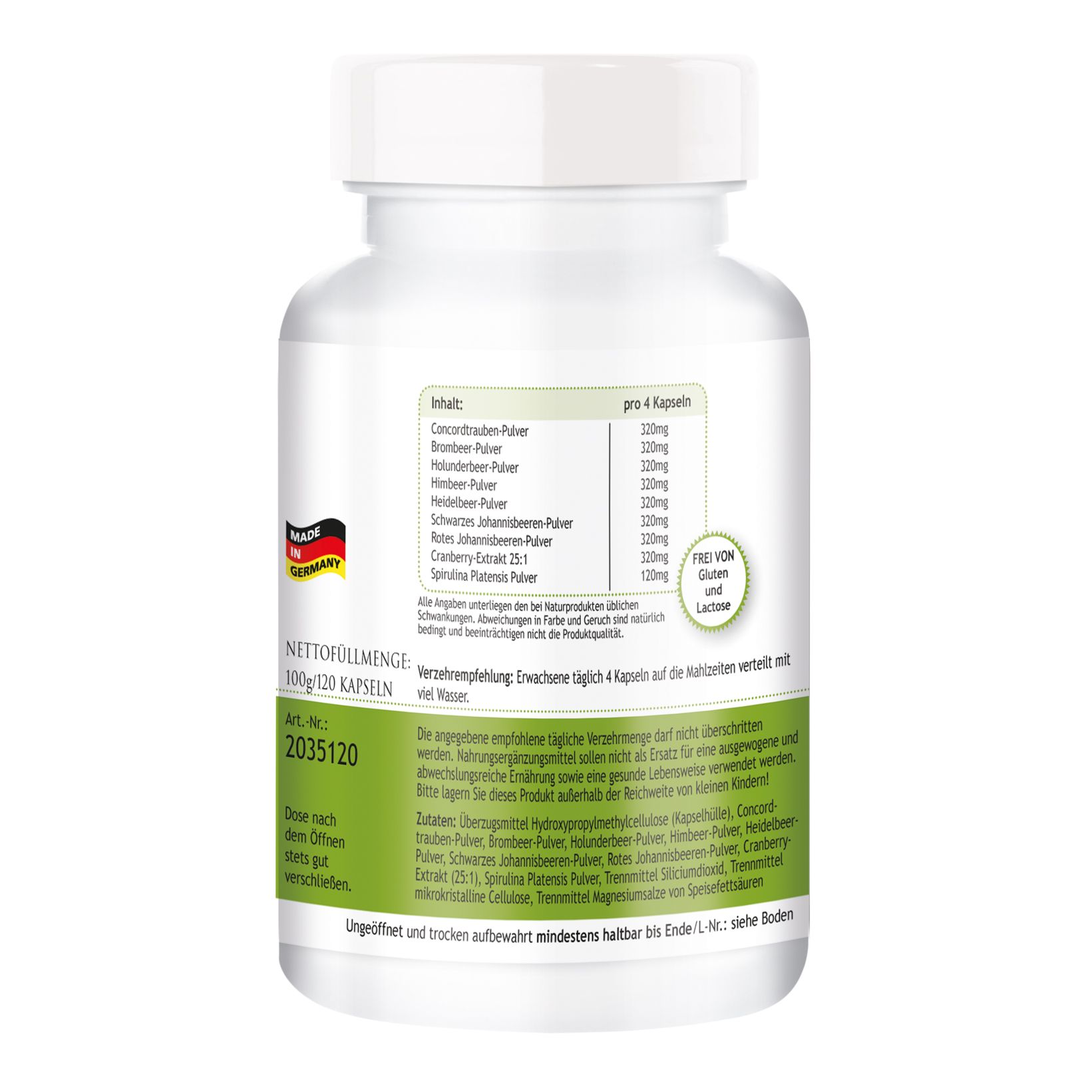 Retro di un flacone bianco. Etichetta con elenco ingredienti e informazioni nutrizionali. Testo: Made in Germany. 120 capsule. Senza glutine e lattosio.