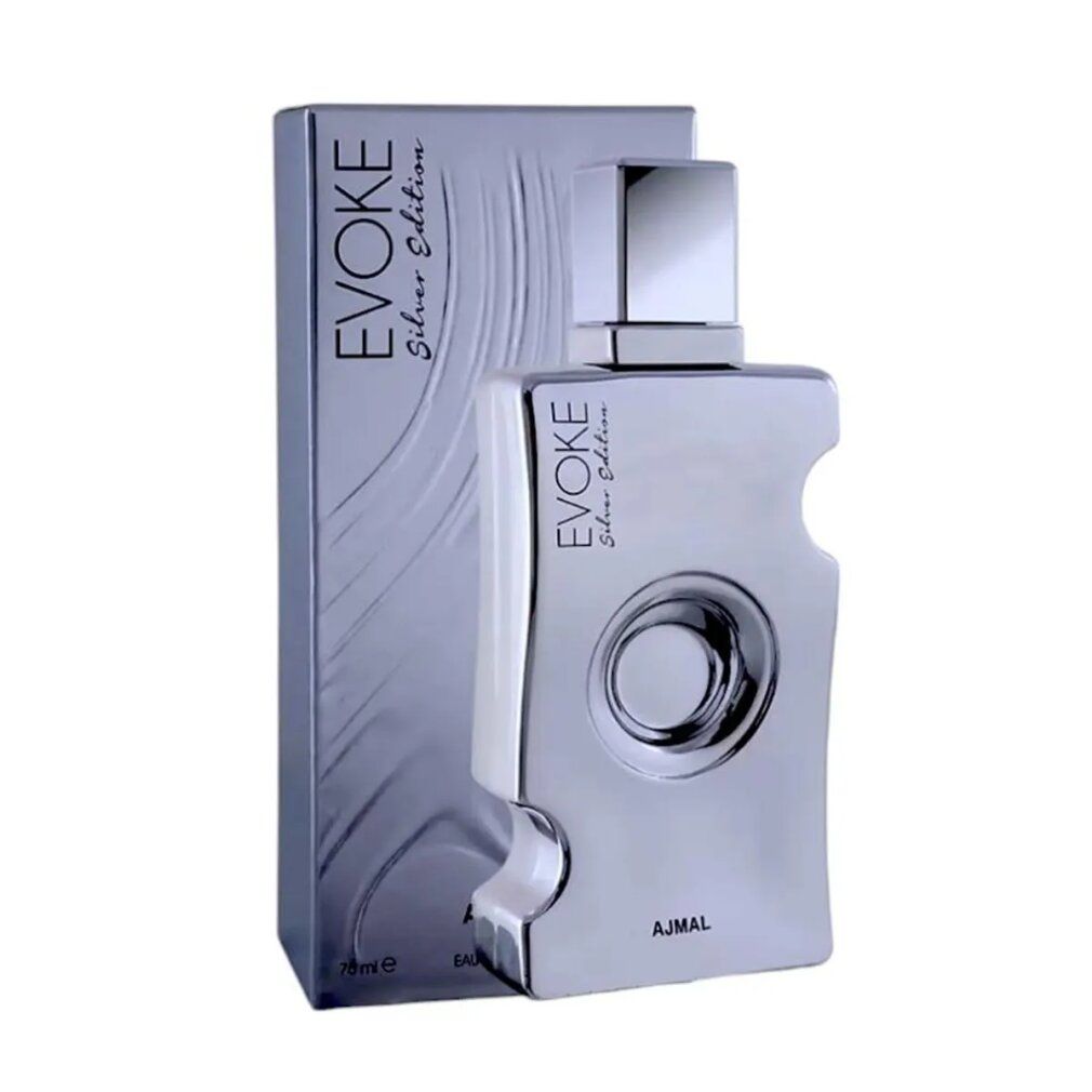 Confezione e flacone argentati. Scritta: Evoke Silver Edition, Ajmal. Flacone con tappo quadrato.