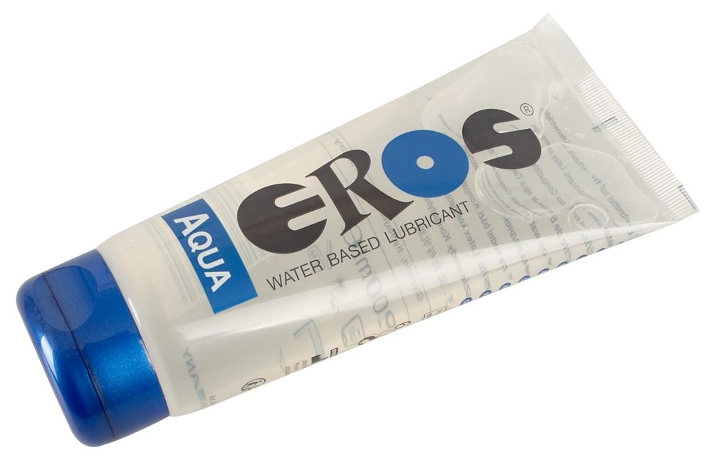 Retro del tubo di lubrificante EROS Aqua con informazioni sul prodotto e luogo di produzione.