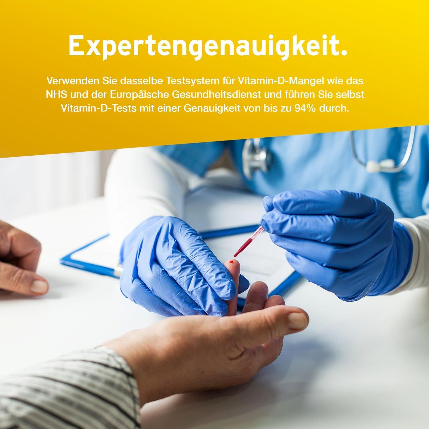 Medico che preleva un campione di sangue. Testo: Precisione esperta. Utilizza lo stesso sistema di test di NHS e servizi sanitari europei.