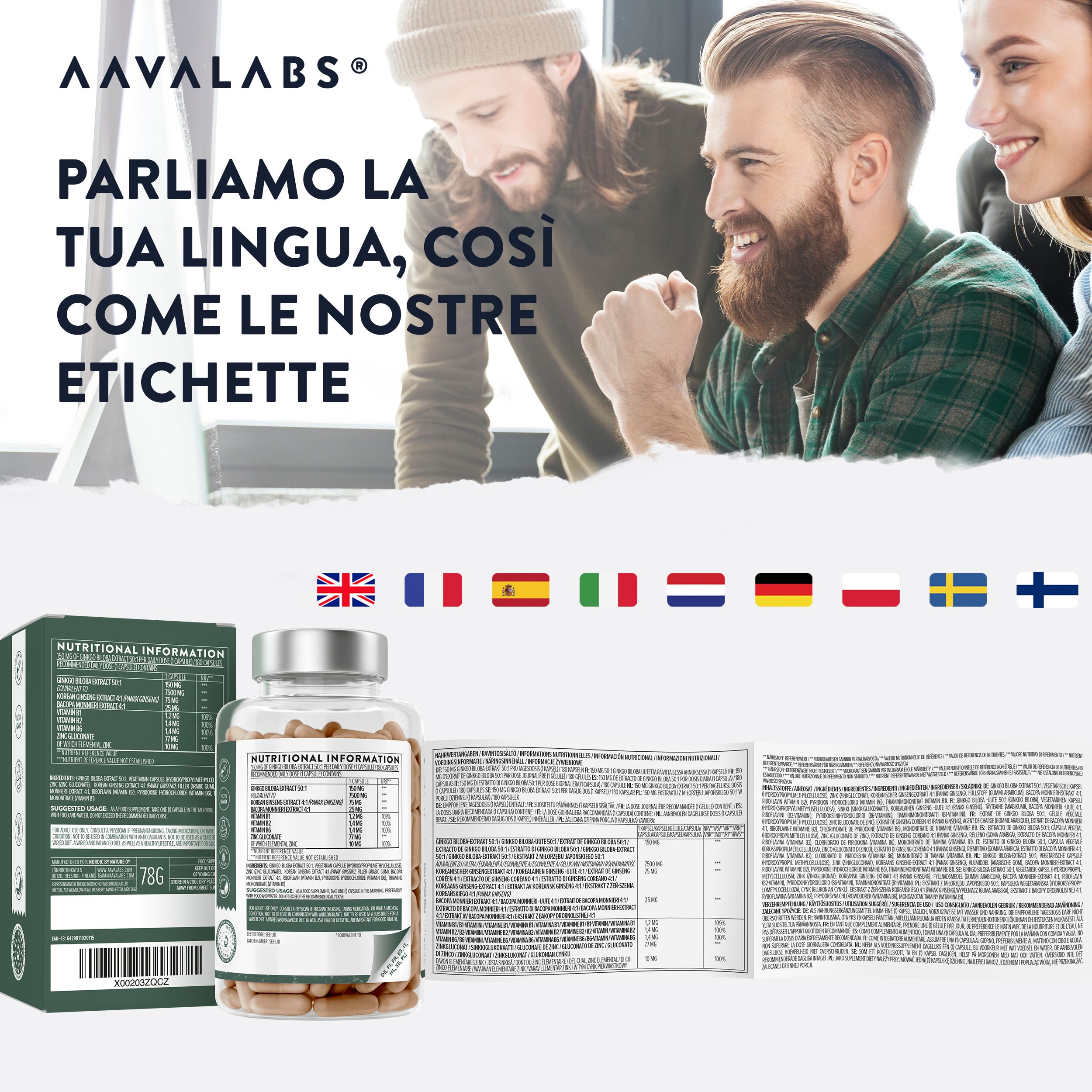 Capsule Aavalabs Ginkgo Biloba. Flacone e confezione. Informazioni in tedesco, inglese, francese, italiano, ecc.