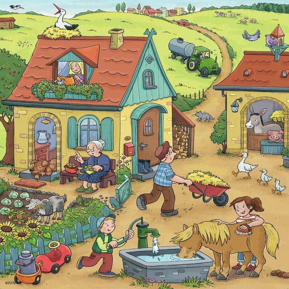 Puzzle 'Auf dem Bauernhof'. Scena con stalla, animali e persone. Mucca, maiali, gallina e pulcini. Ragazza che tira una carriola con sacchi.