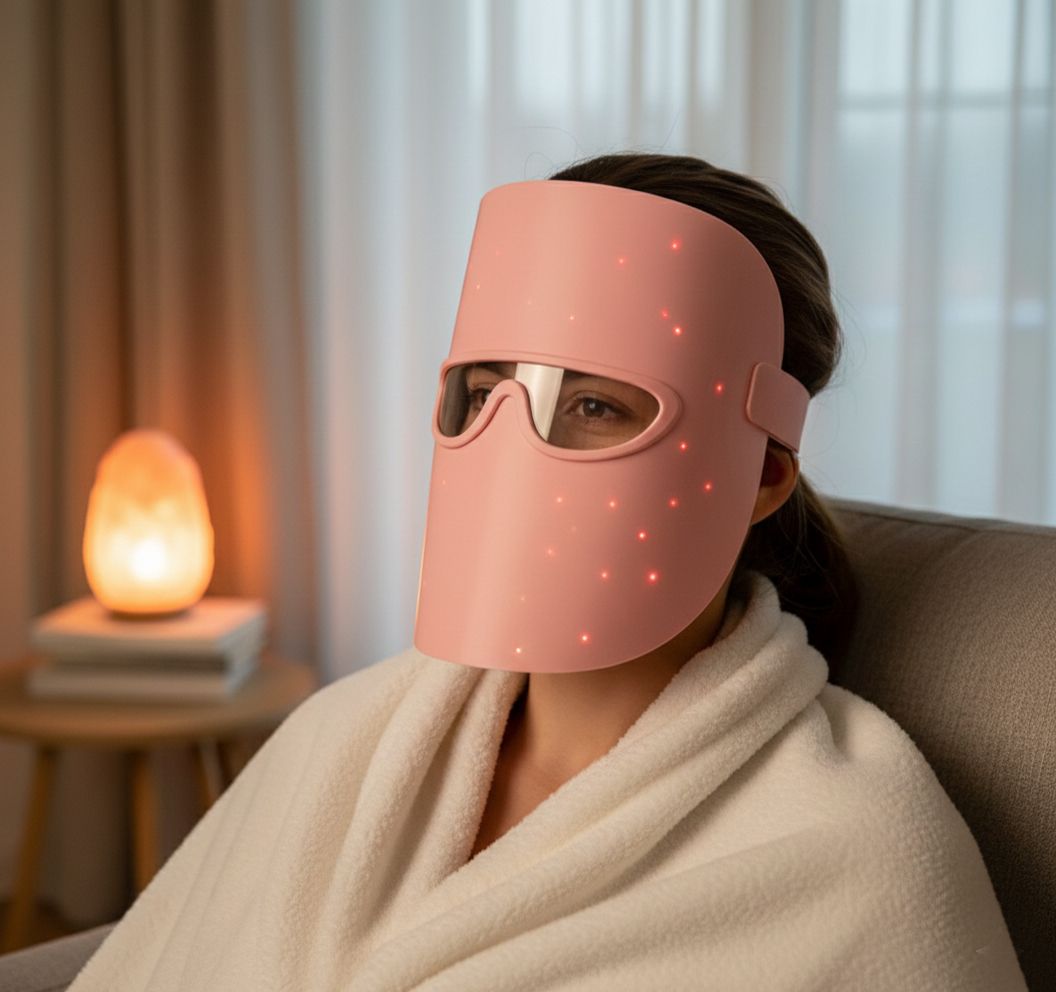 Donna che indossa una maschera LED rosa in un ambiente rilassato. Luci rosse attive.