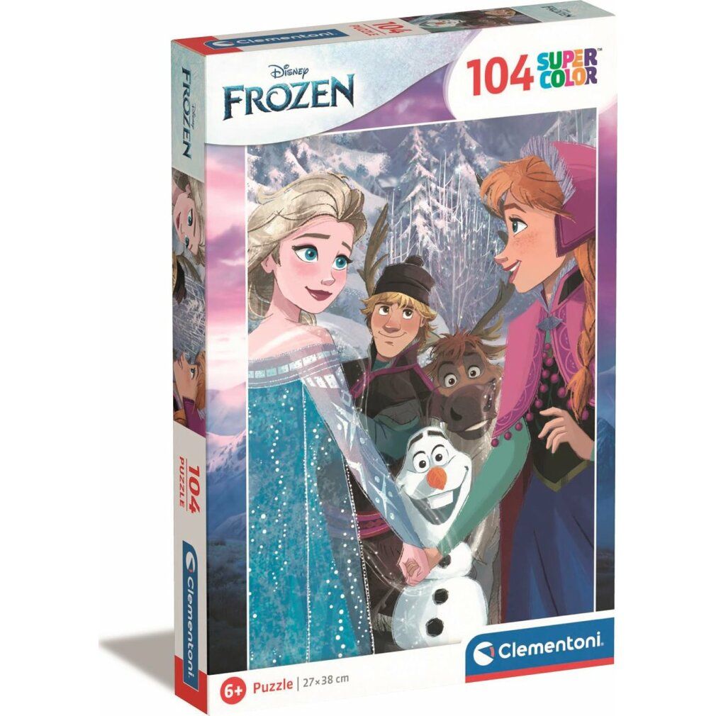 Puzzle Clementoni Frozen, 104 pezzi. Confezione con Elsa, Anna, Olaf e altri personaggi. Dimensioni: 27x38 cm.
