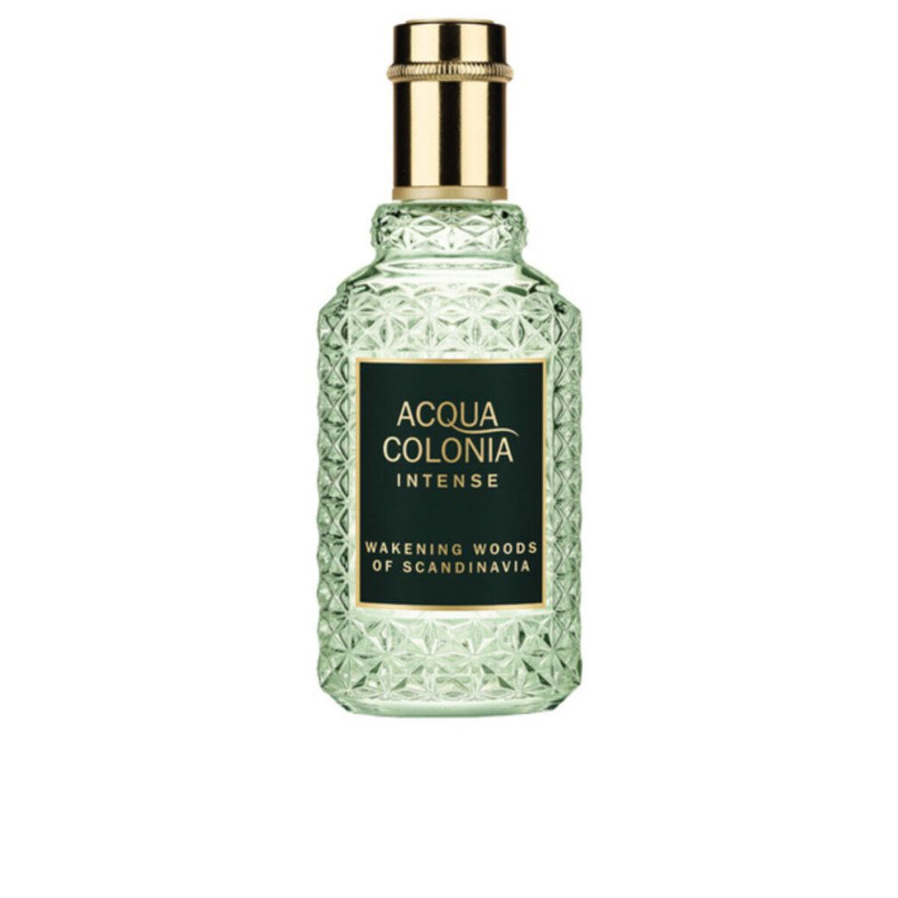 Flacone di vetro verde con tappo dorato. Etichetta nera con testo bianco: Acqua Colonia Intense, Wakening Woods of Scandinavia.