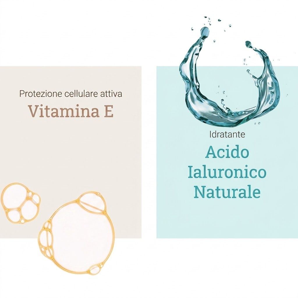 Due quadrati. Sinistra: Vitamina E. Destra: Acido Ialuronico Naturale. Illustrazione d'acqua. Elementi gialli e blu.