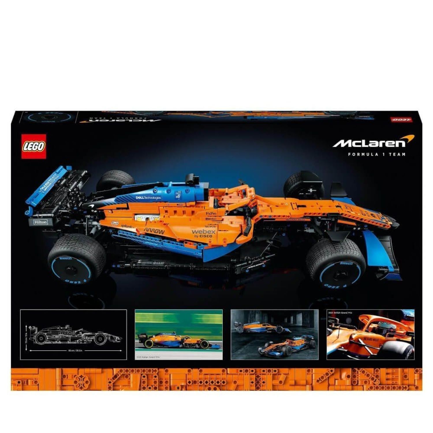 Retro della confezione del set di auto di Formula 1. Mostra l'auto e disegni tecnici. Contiene il logo LEGO e il logo McLaren.