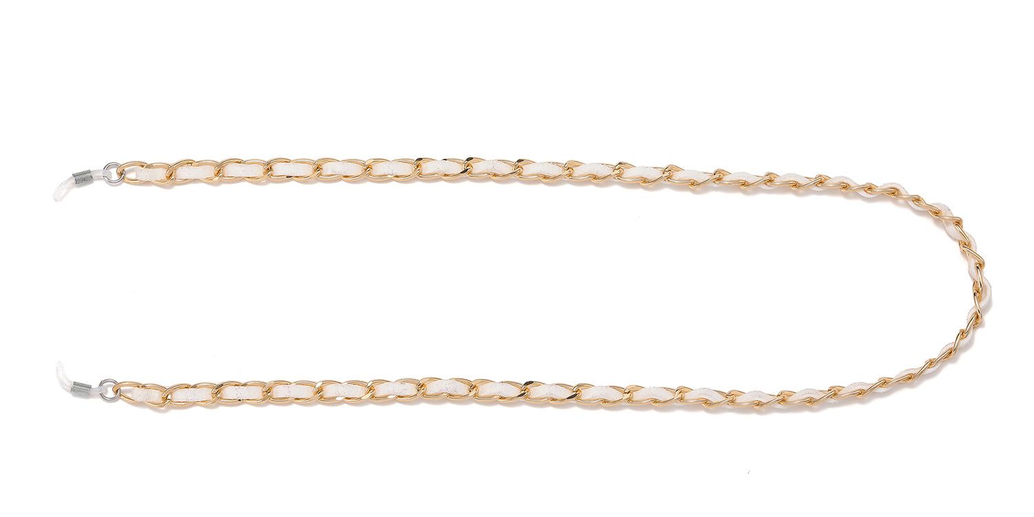 Catenina per occhiali, maglie dorate con pelle bianca. Chiusure metalliche.