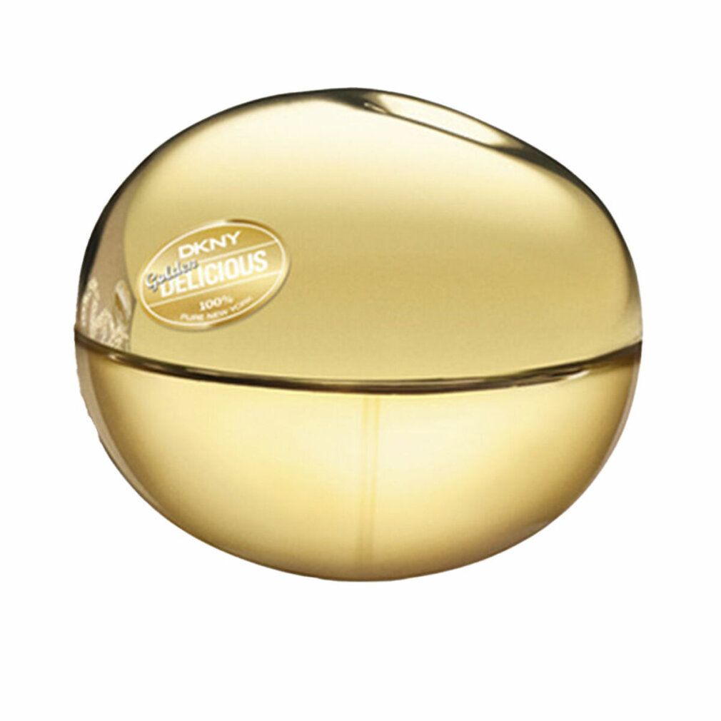 Flacone dorato, rotondo, con scritta DKNY Golden Delicious. Liquido visibile.