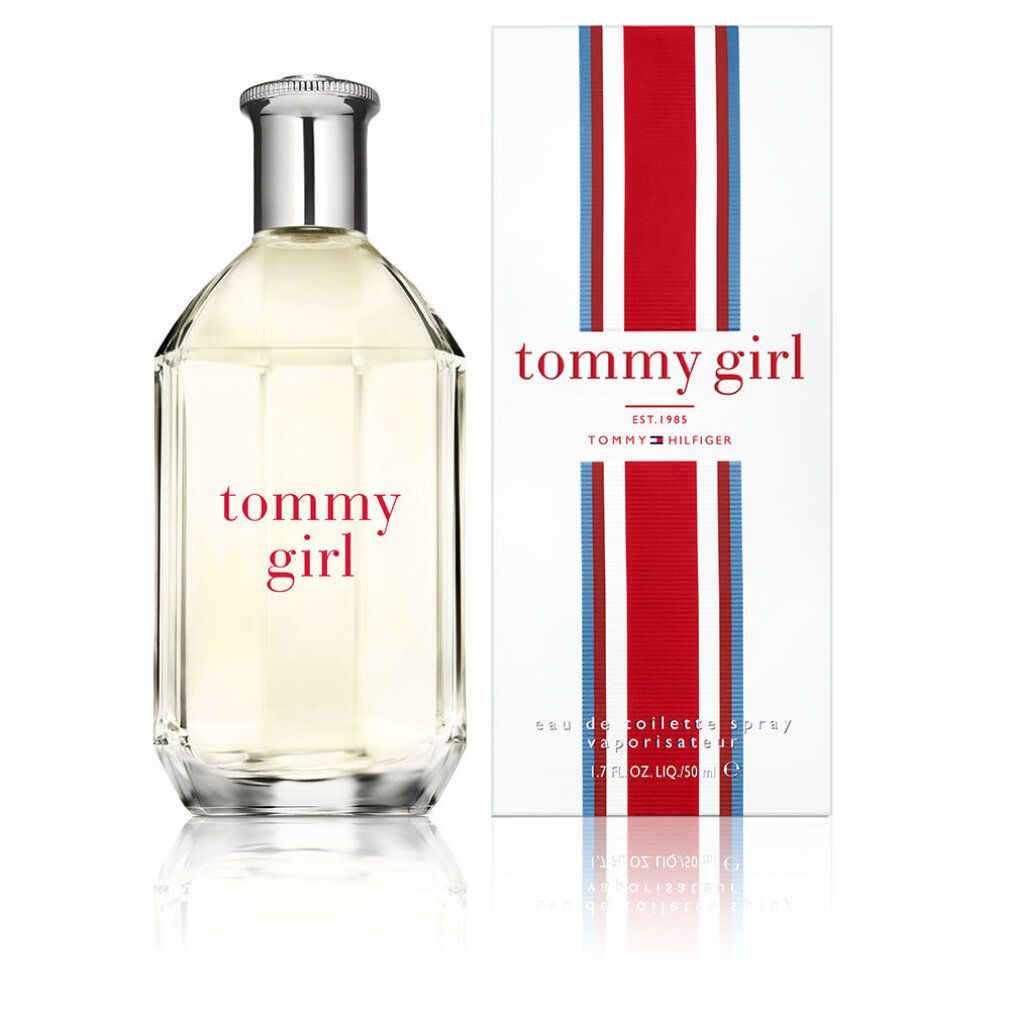 Flacone di profumo e confezione. Flacone con tappo argentato e scritta rossa "tommy girl". Confezione con testo e strisce.