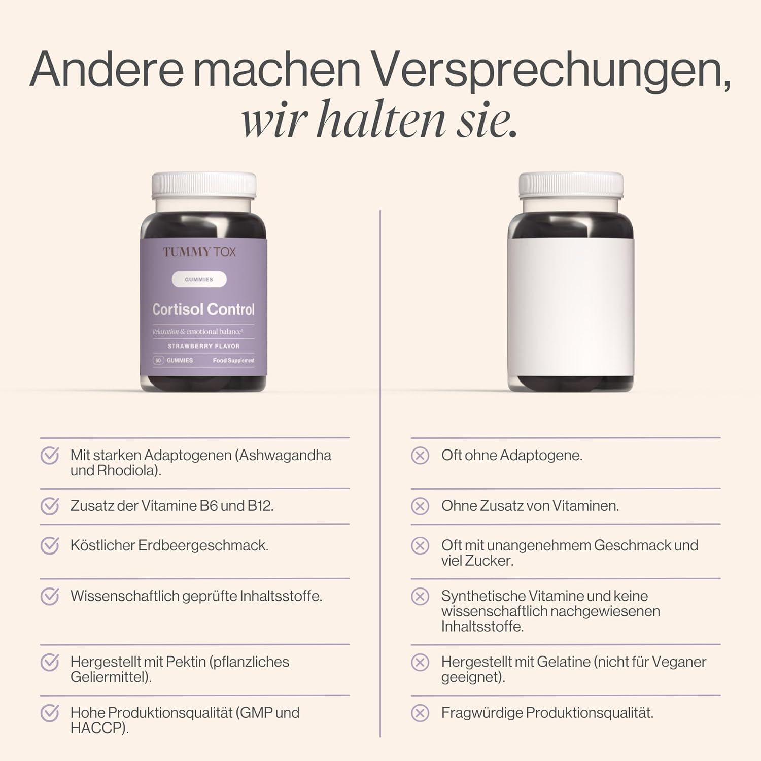 Confronto tra due prodotti. A sinistra: Tummy Tox Cortisol Control. A destra: prodotto senza adattogeni e vitamine.