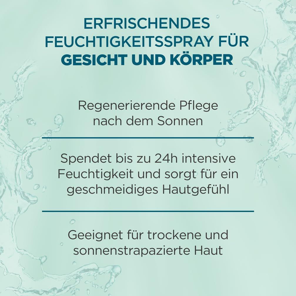 Testo: Spray idratante rinfrescante per viso e corpo. Cura rigenerante, idratazione 24h, pelle morbida. Per pelli secche.