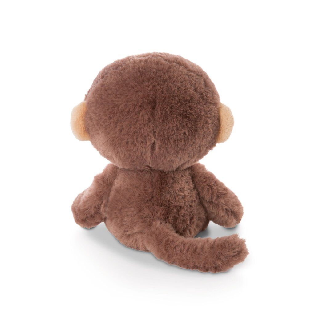 Vista posteriore di una scimmia di peluche. Pelliccia marrone, orecchie e coda beige. Su sfondo bianco.