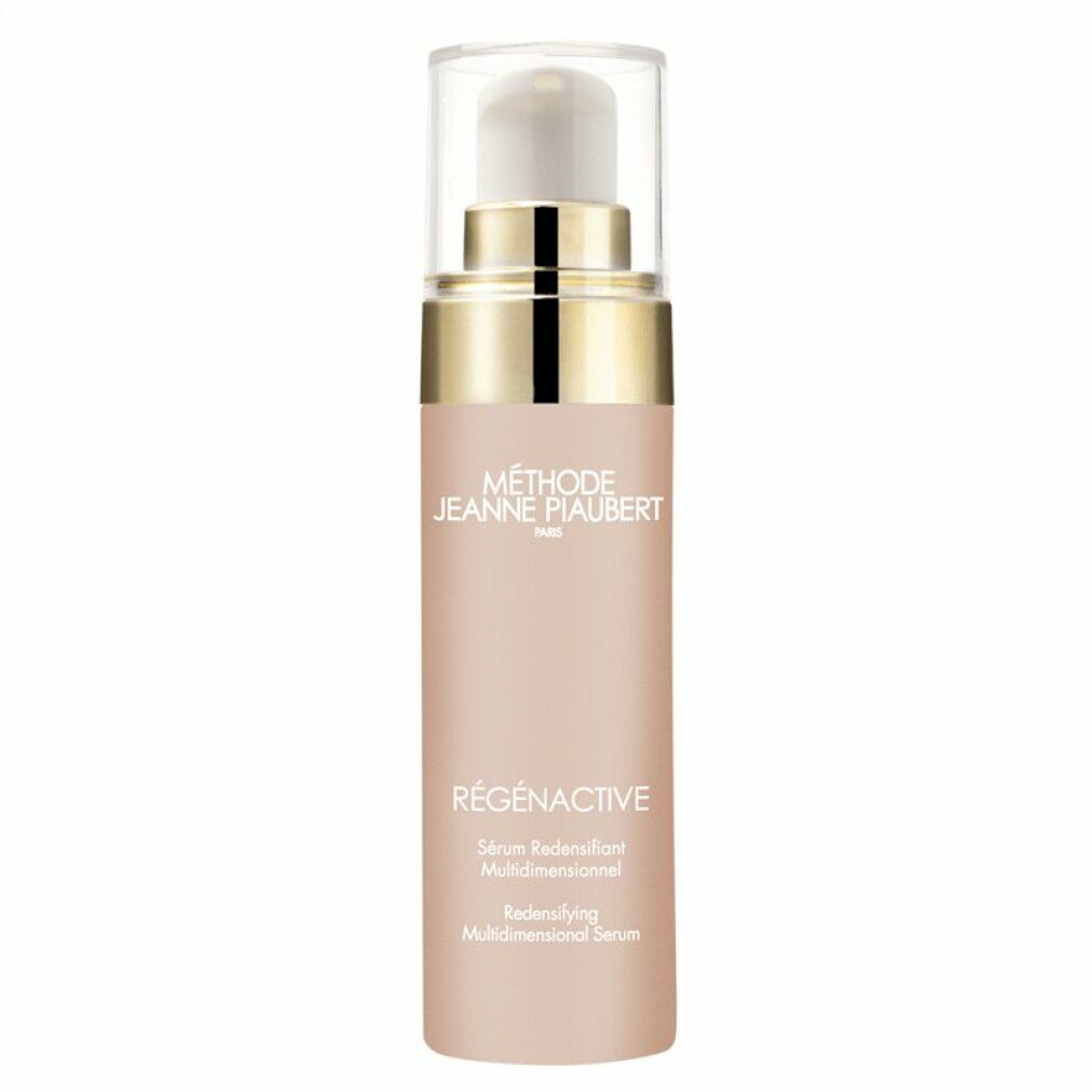 Flacone di siero rosa con tappo dorato e cappuccio trasparente. Scritta: RÉGÉNACTIVE, Sérum Redensifiant Multidimensionnel.