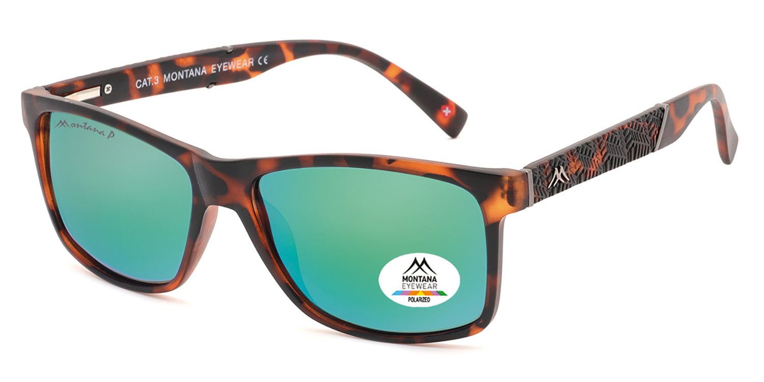 Occhiali da sole con montatura marrone e lenti verdi. Logo e adesivo Polarized. Montana Eyewear.