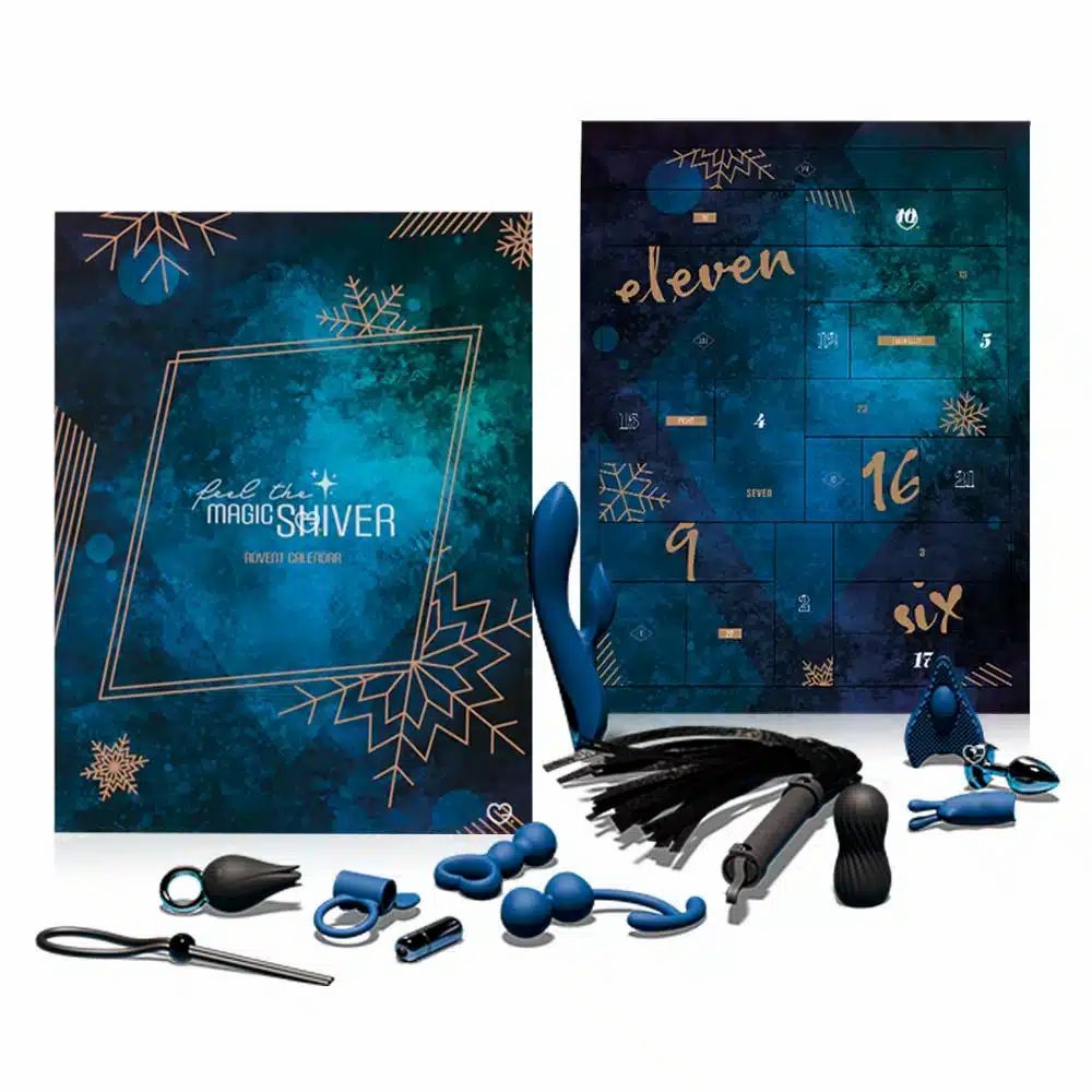 Calendario dell'Avvento con sex toys. Scritta: Feel the Magic Shiver. Caselle aperte con numeri.