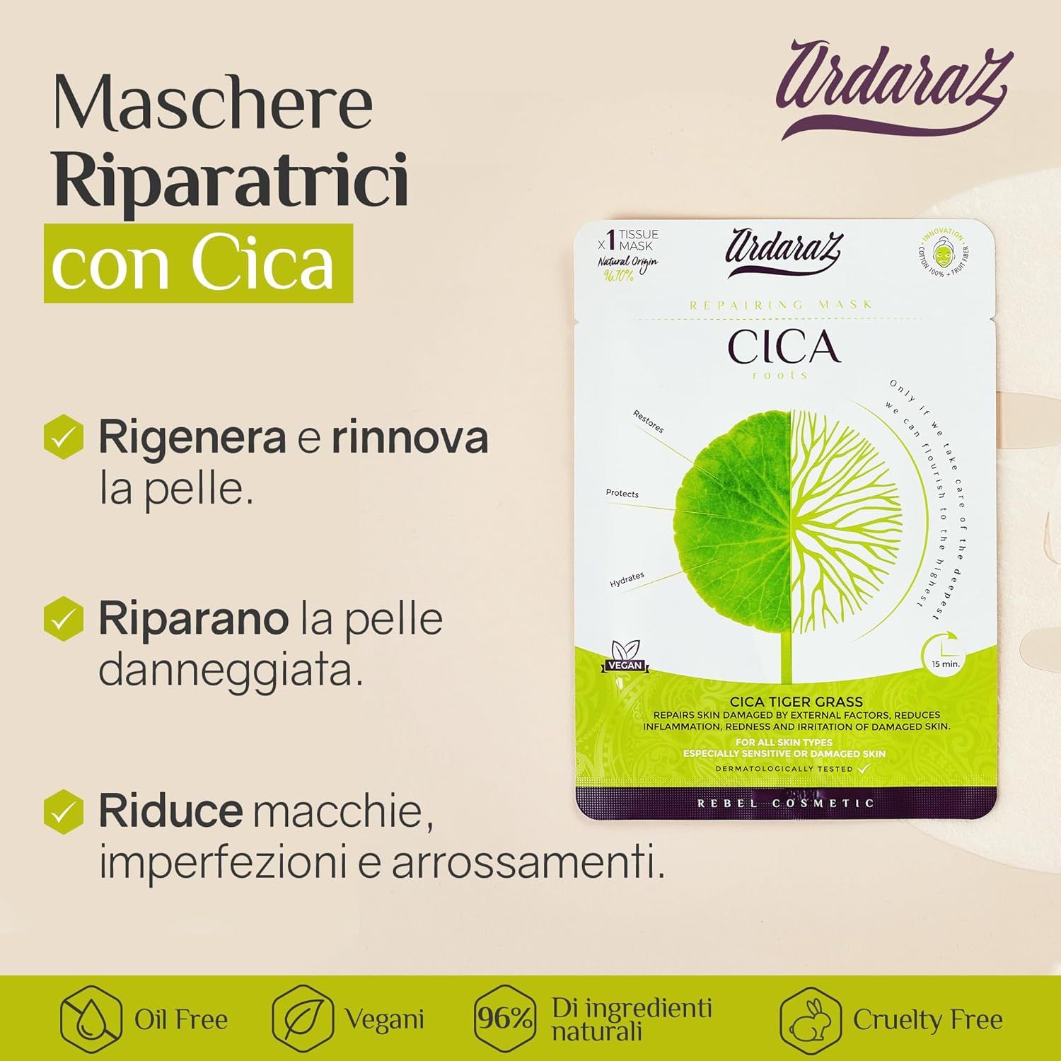 Foto pubblicitaria con maschera. Testo: Maschere Riparatrici con Cica. Logo Ardaraz. Confezione del prodotto con maschera Cica.