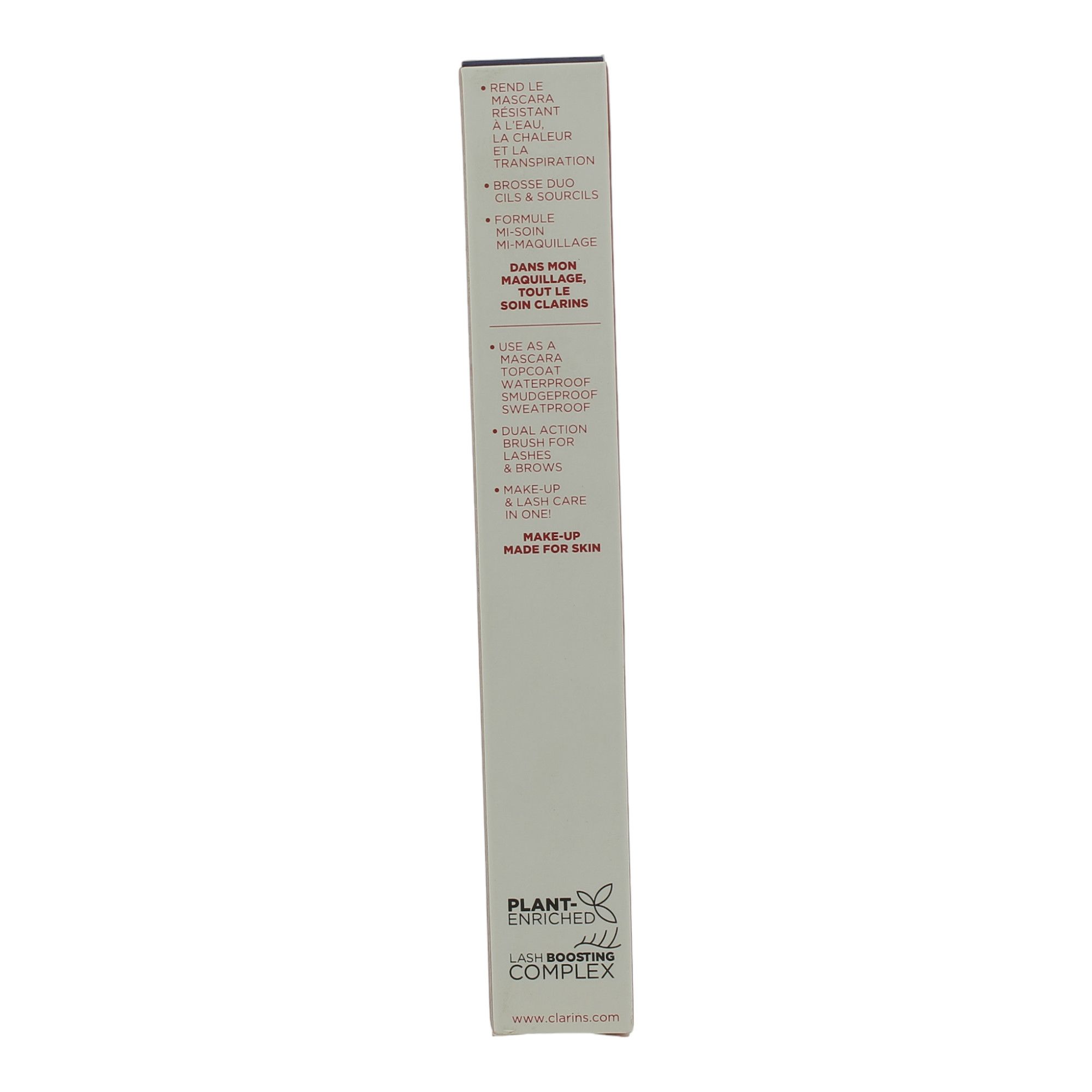 Confezione bianca stretta con testo. Logo: Plant Enriched Complex. Marchio: Clarins.