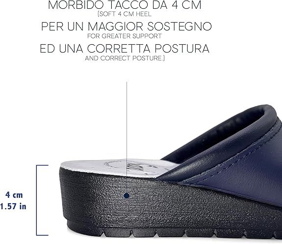Primo piano del tallone di uno zoccolo blu. Tacco da 4 cm. Testo: « Morbido Tacco da 4 cm » e « Per un Maggior Sostegno ».