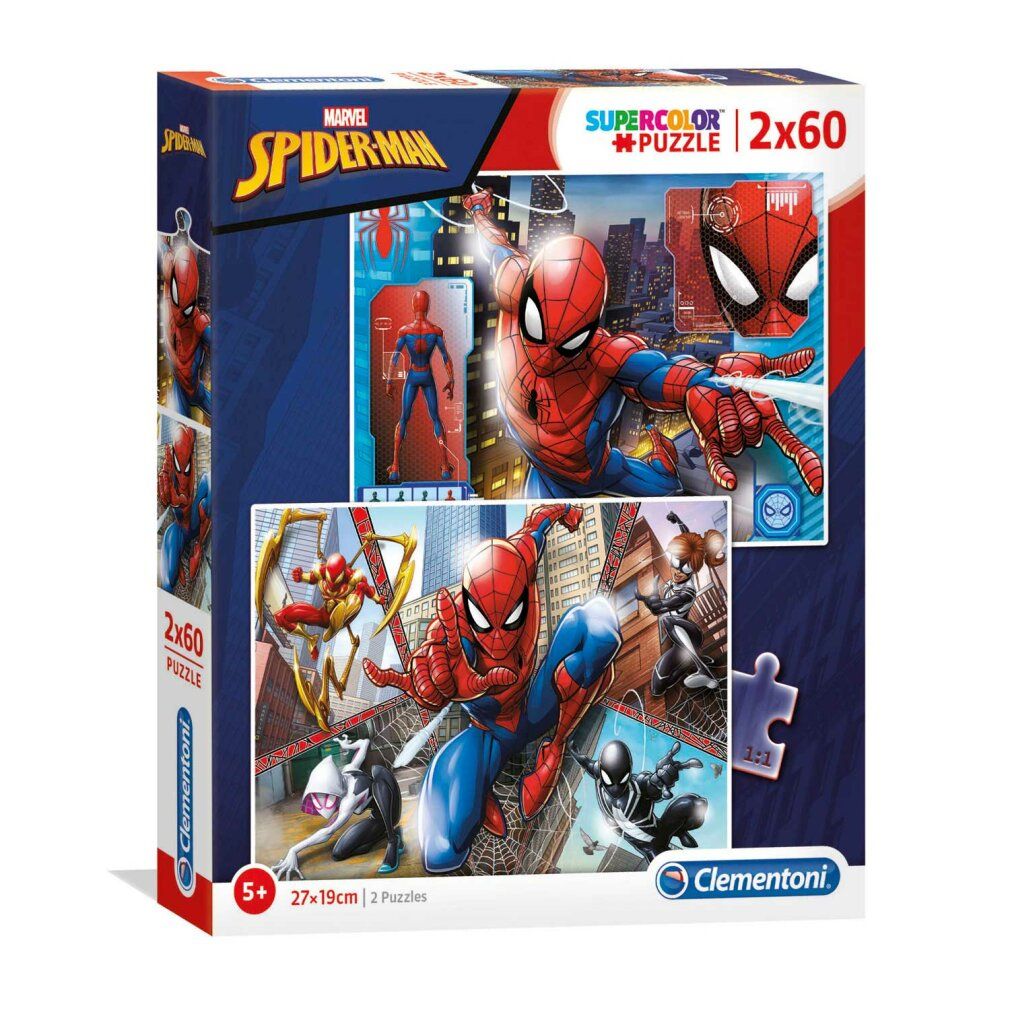 Due puzzle con motivi di Spiderman. Ogni puzzle ha 60 pezzi. I puzzle mostrano Spiderman in diverse pose e scene.