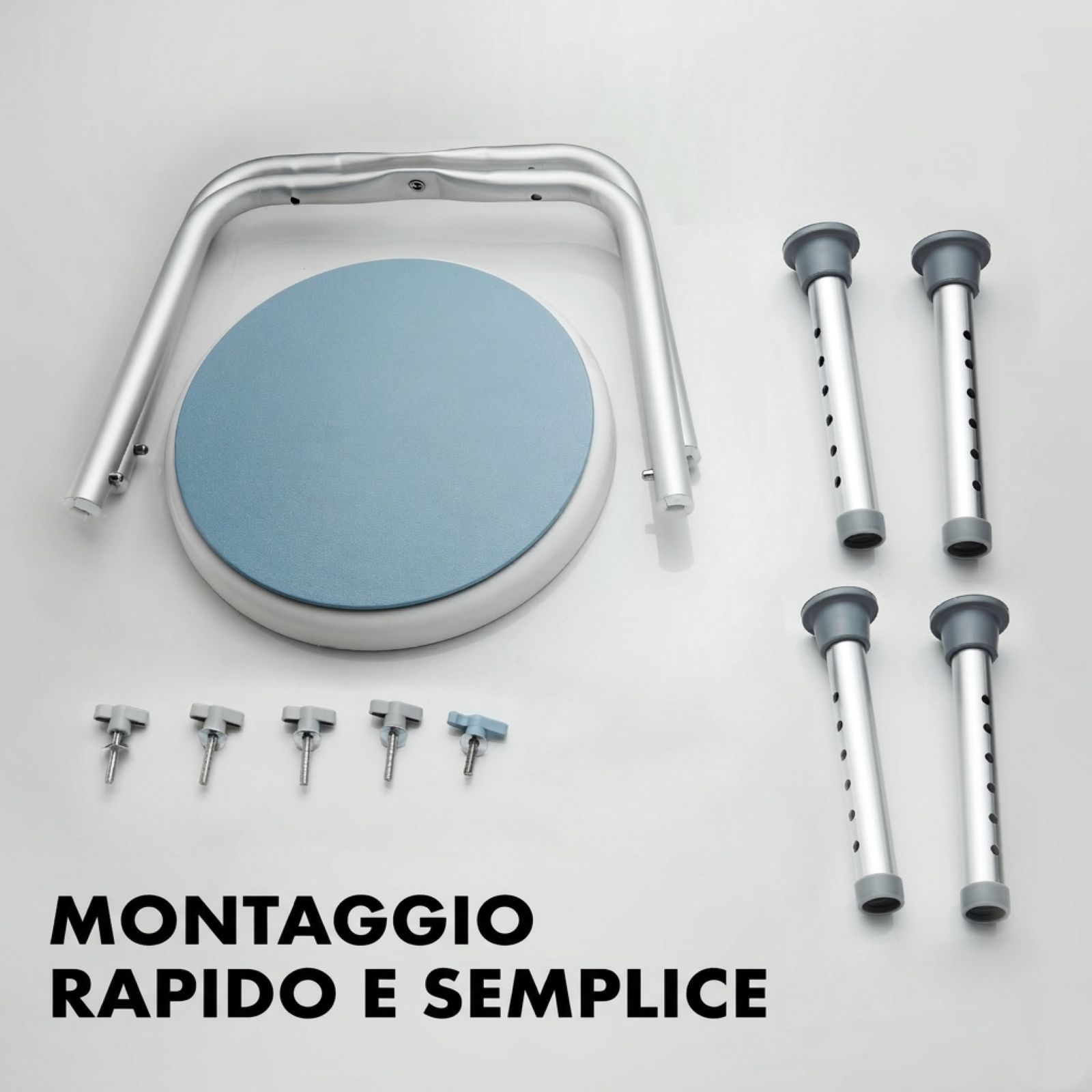 Componenti sgabello doccia: seduta, gambe, viti. Montaggio rapido e semplice.