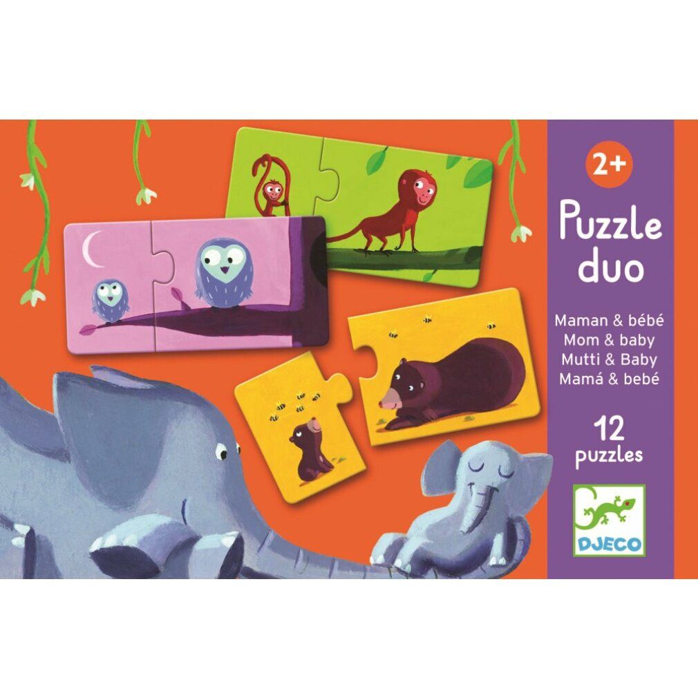 Confezione Puzzle Duo Djeco. Mostra pezzi di puzzle con animali e testo: Maman & bébé, 12 puzzles.