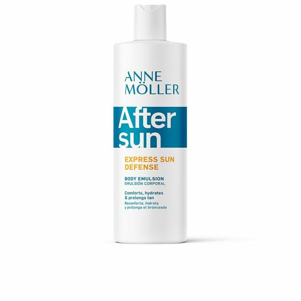 Flacone bianco con testo blu e arancione. Scritta: Anne Möller After Sun Express Sun Defense Body Emulsion.
