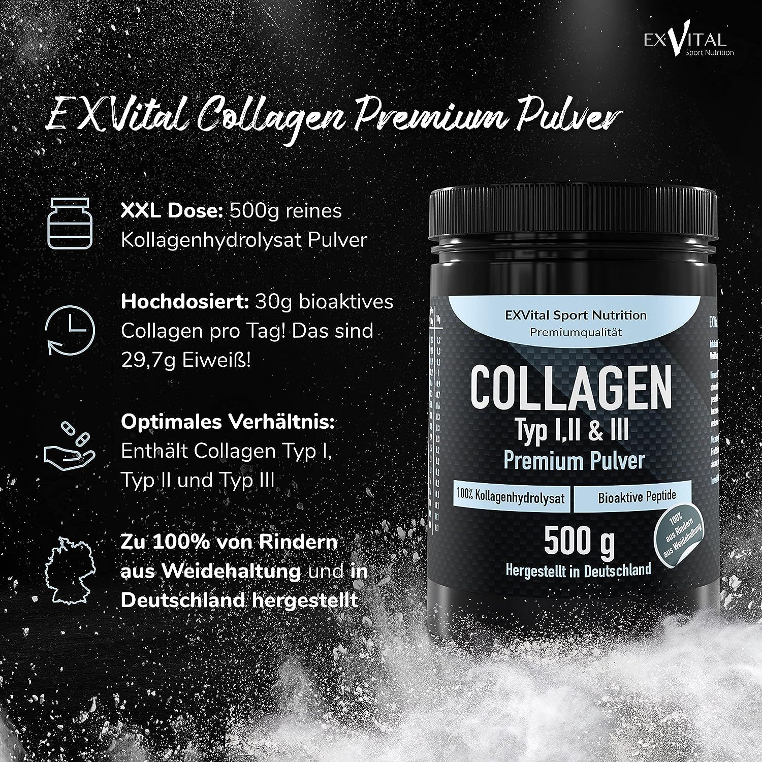Barattolo nero EXVital Collagen Pulver, tipo I, II & III, 500g. Dose XXL, 30g collagene bioattivo al giorno. Dalla Germania.