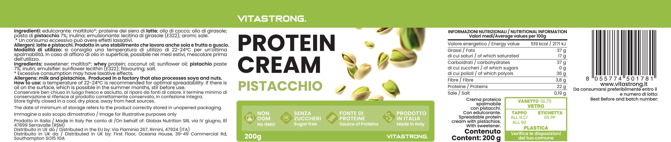 Etichetta Vitastrong Protein Cream Pistacchio. Contiene ingredienti e valori nutrizionali. Design verde e bianco.