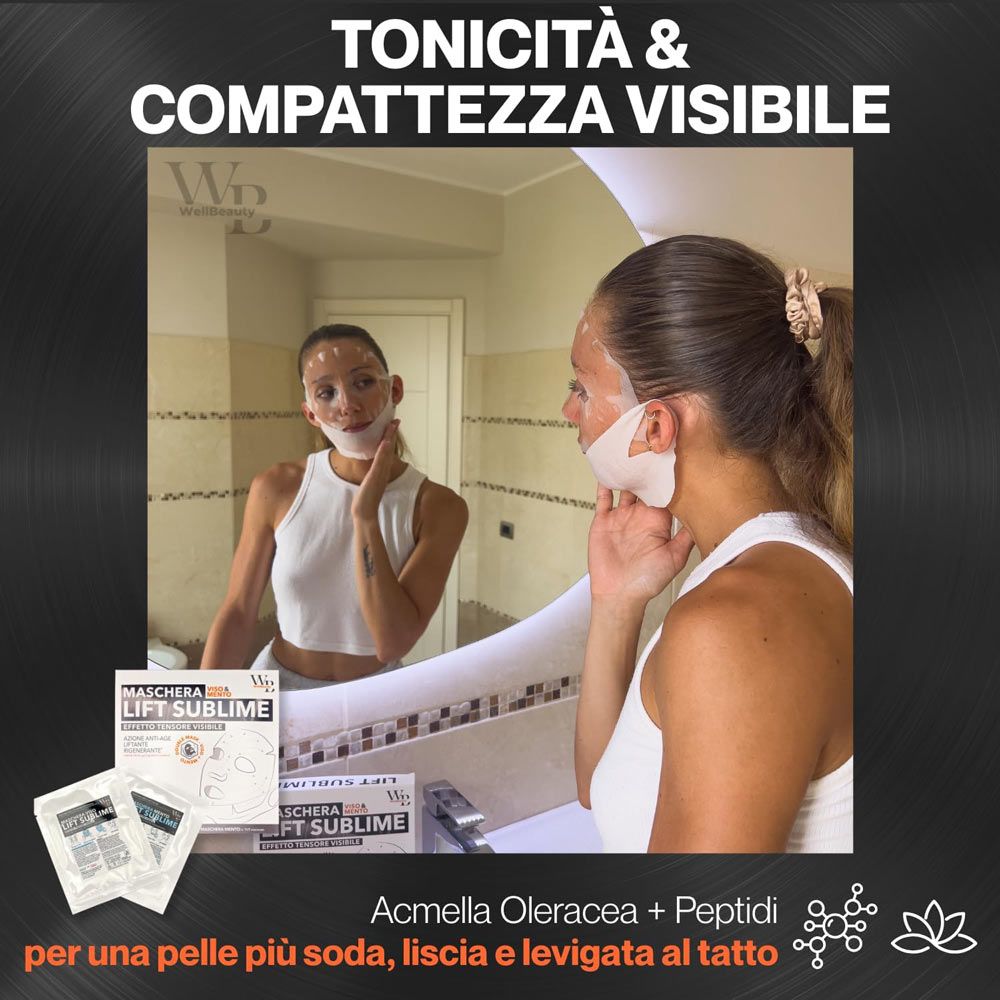 Donna con maschera viso e mento. Testo: Maschera Lift Sublime. Logo WellBeauty. Confezione e bustine.
