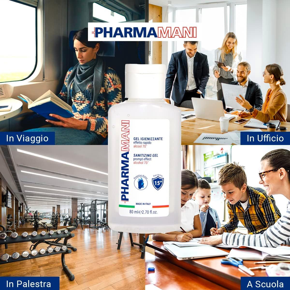 Flacone di prodotto in diversi ambienti: treno, ufficio, palestra, scuola. Logo PHARMAMANI visibile.