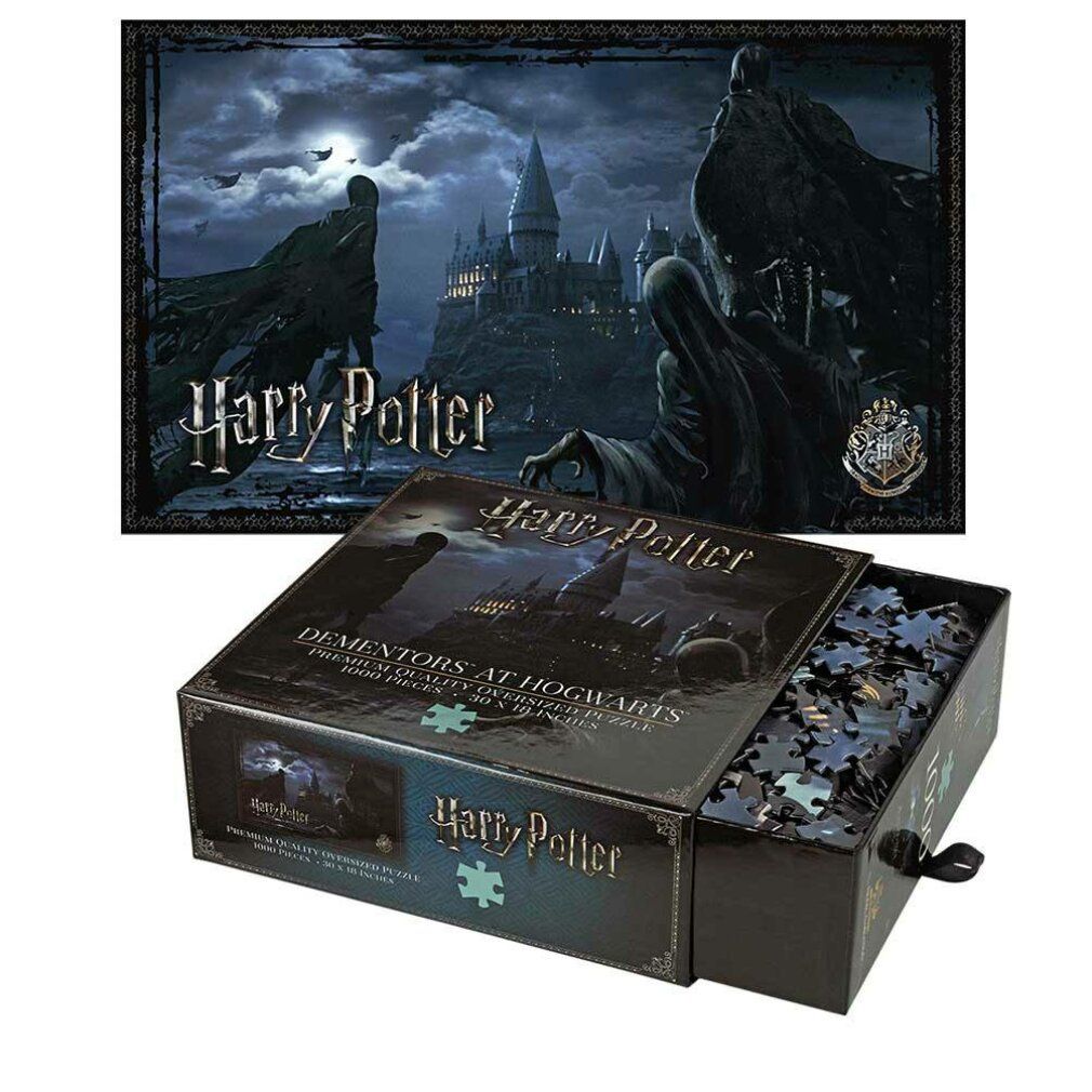 Puzzle di Harry Potter. Scatola aperta con pezzi e immagine finita. Scritta: Dementors at Hogwarts, 1000 pezzi.