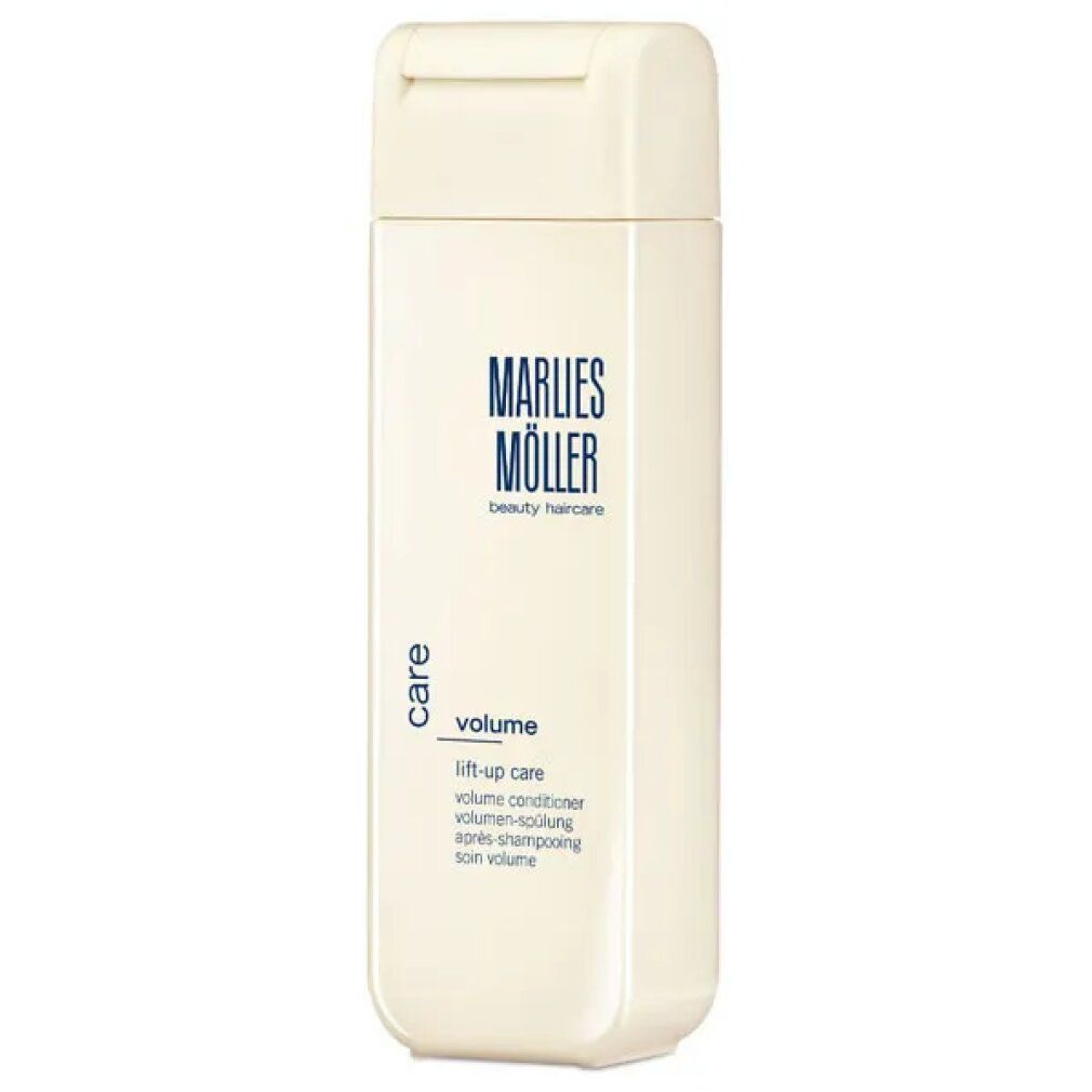 Flacone di shampoo beige con tappo bianco. Scritta: Marlies Möller, Volume Lift Up Care Volume Conditioner. Per capelli fini e normali.