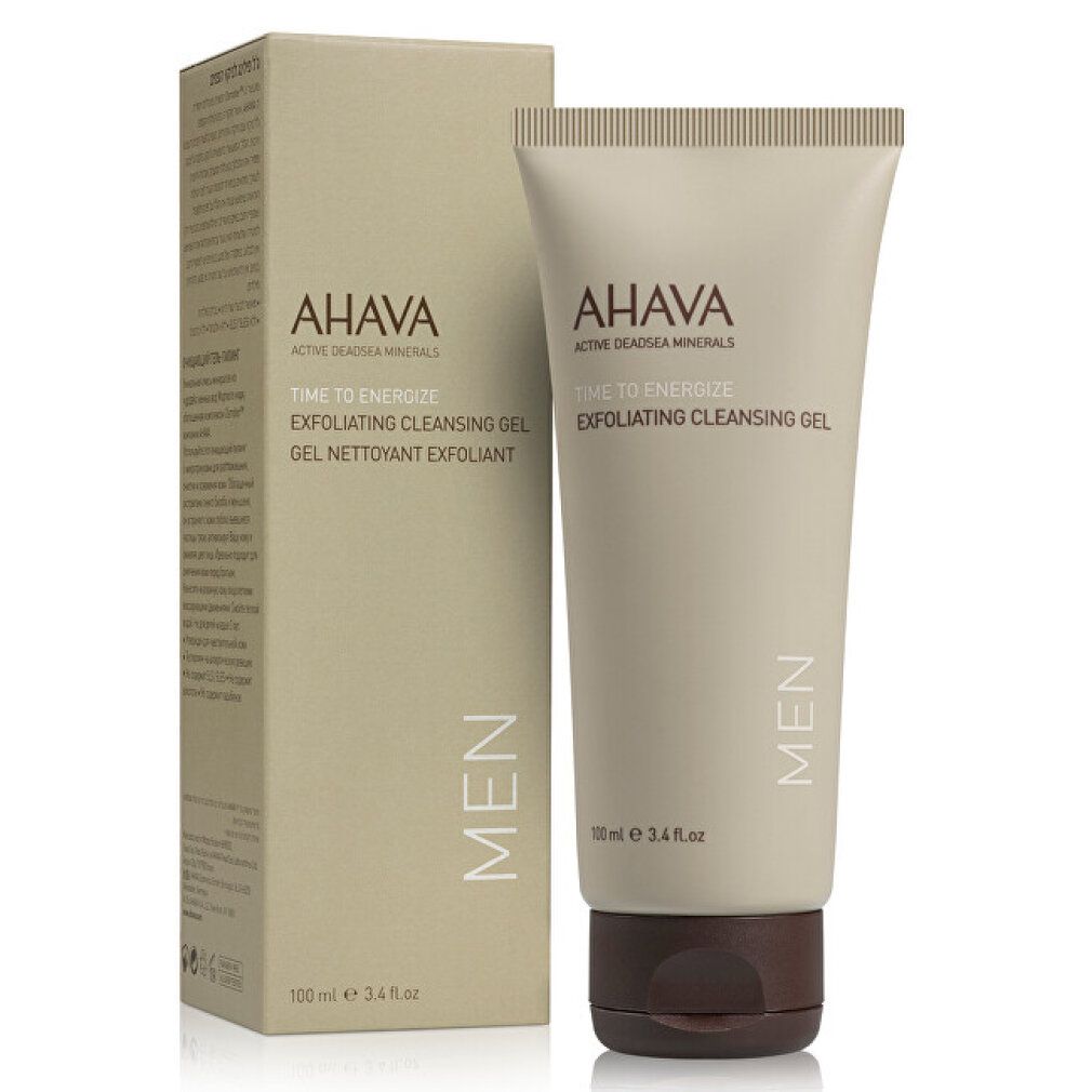 Prodotto e confezione. Tubo e scatola beige. Scritta: AHAVA TIME TO ENERGIZE Exfoliating Cleansing Gel MEN. 100ml.