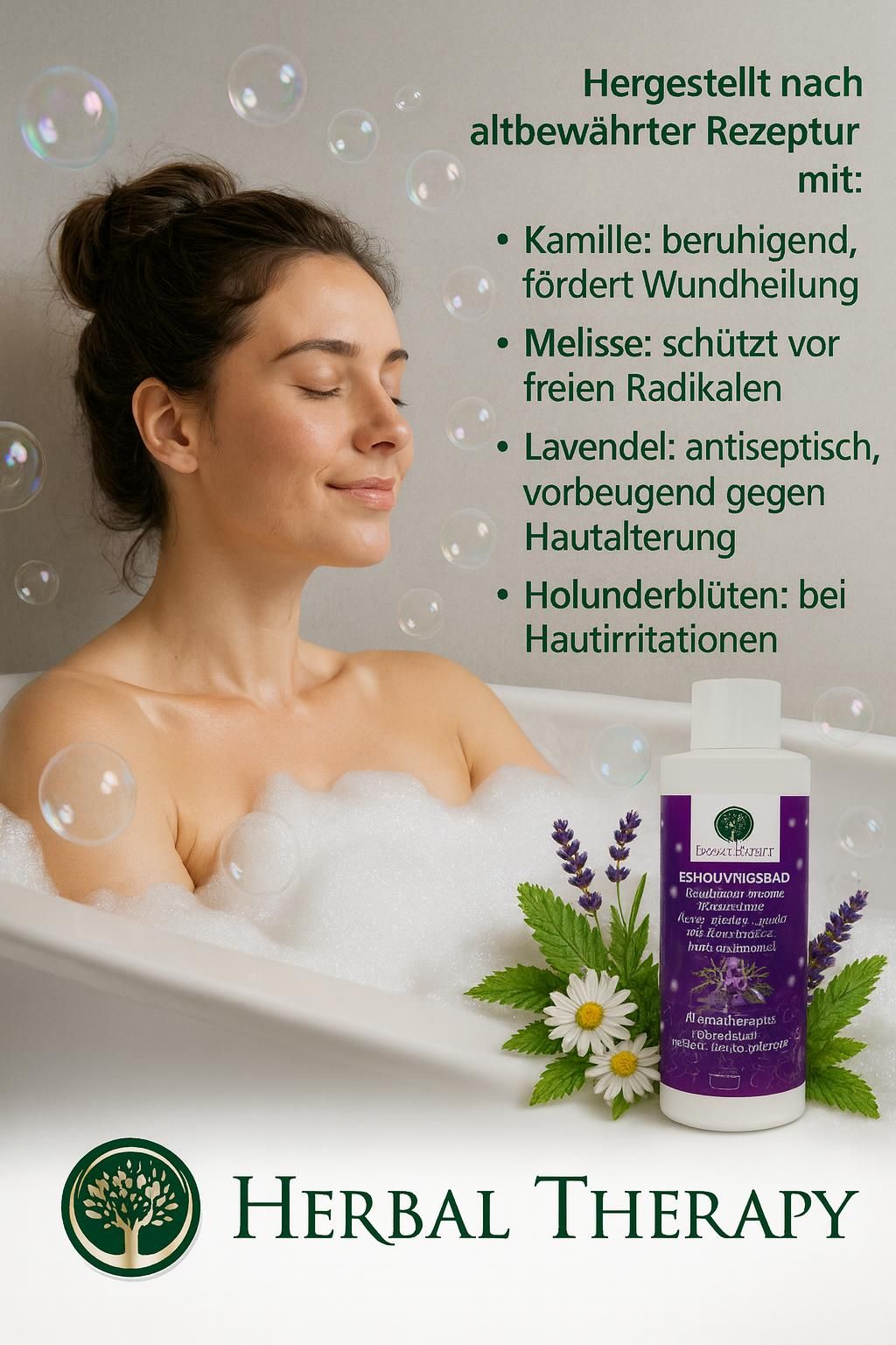Donna in vasca da bagno con schiuma. Flacone Herbal Therapy bagno rilassante. Erbe e fiori accanto alla vasca. Testo: camomilla, melissa, lavanda, fiori di sambuco.