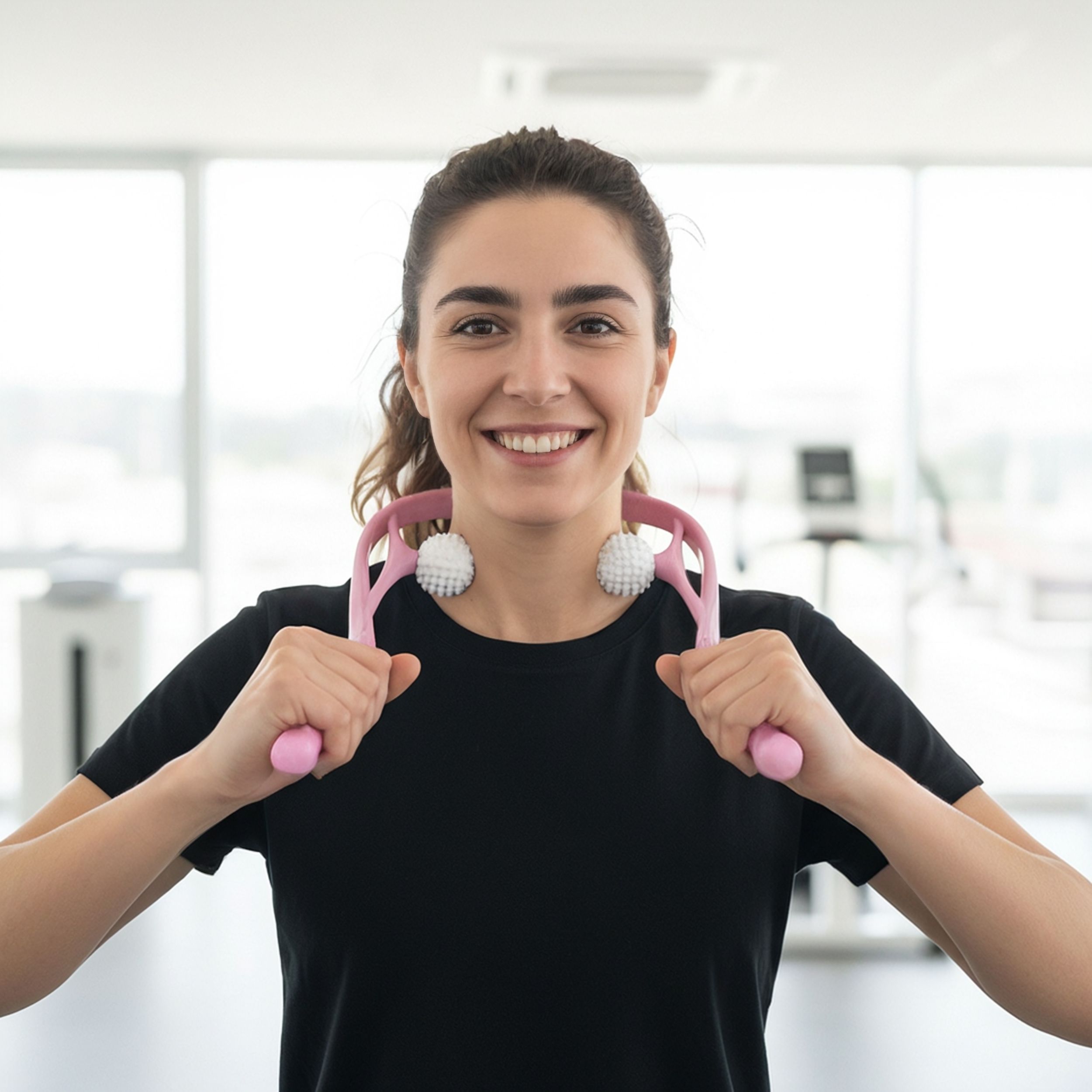 Donna tiene massaggiatore rosa per collo e spalle. Due sfere bianche. Maglietta nera, sorridente. Sfondo palestra.