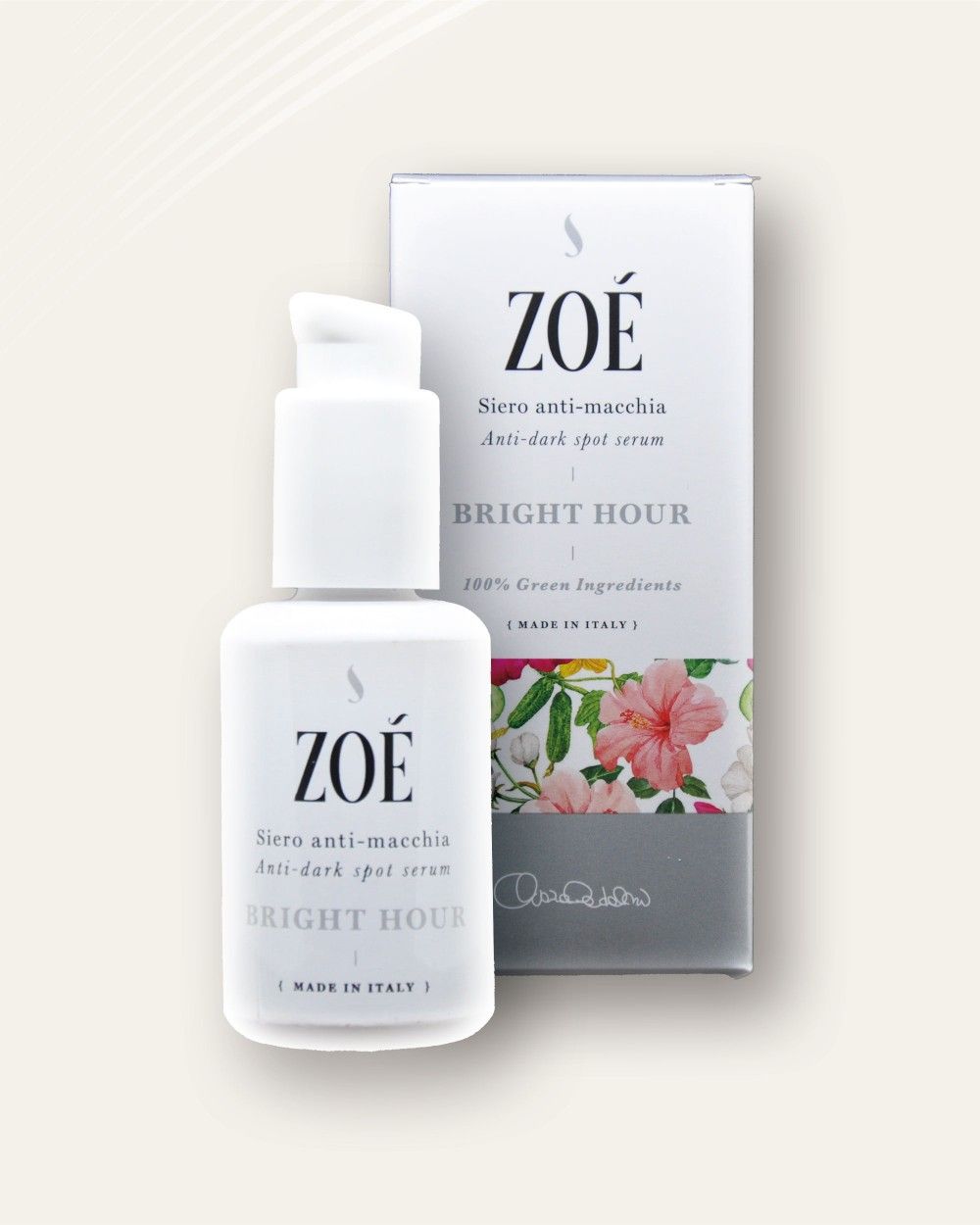 Flacone di siero bianco e scatola. Scritta: ZOÉ, Siero anti-macchia, Bright Hour. Scatola con motivo floreale.