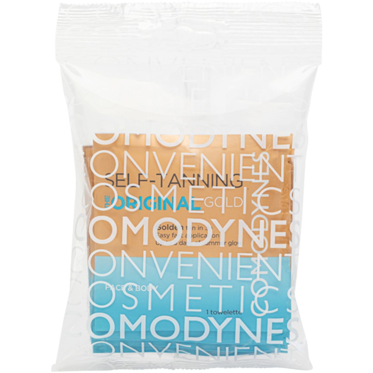 Confezione di salviette autoabbronzanti Comodynes. Logo "Self-Tanning The Original Gold" visibile. Confezione singola.