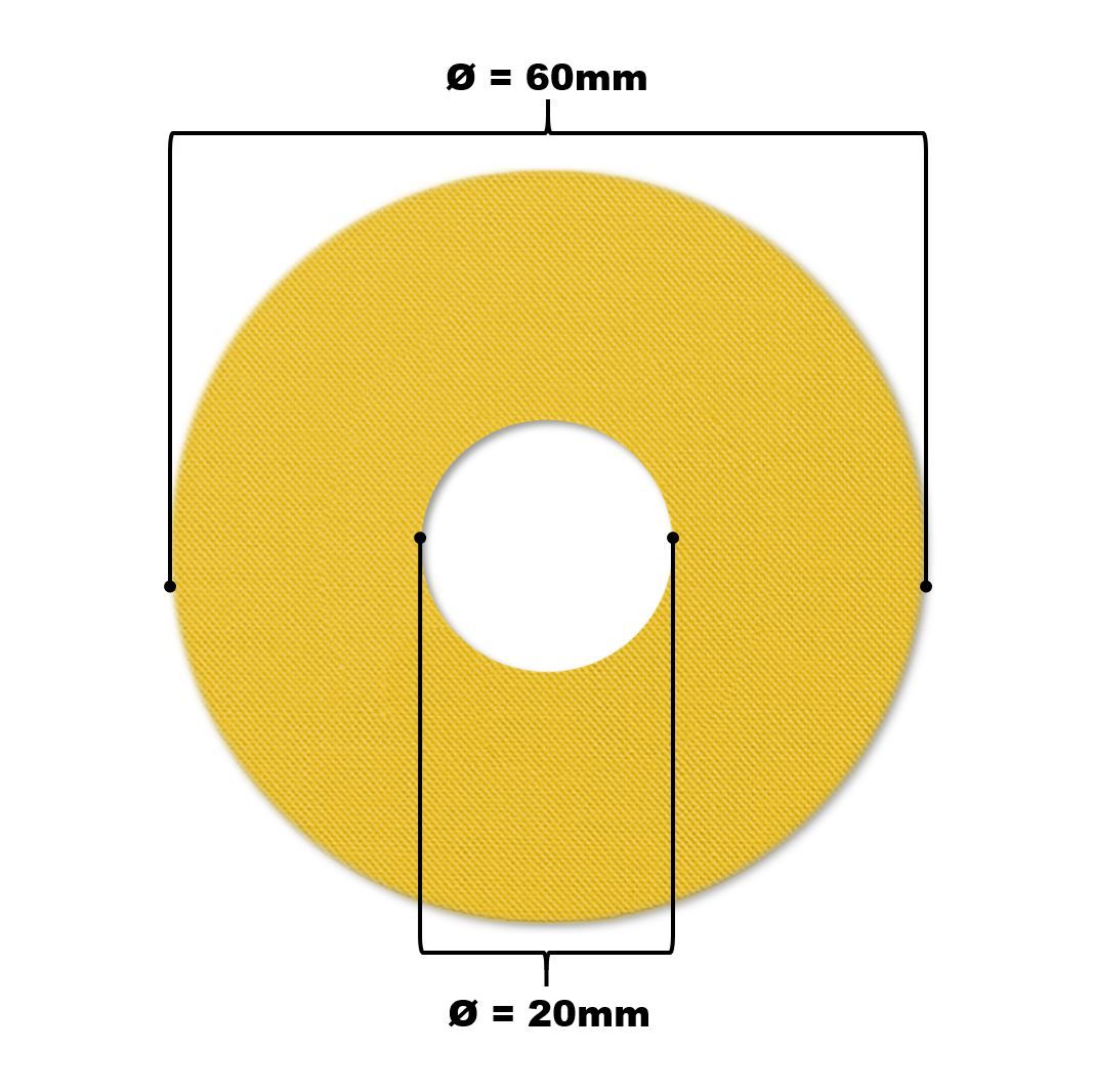 Anello di fissaggio giallo, circolare, con foro centrale. Diametro 60mm, foro 20mm.