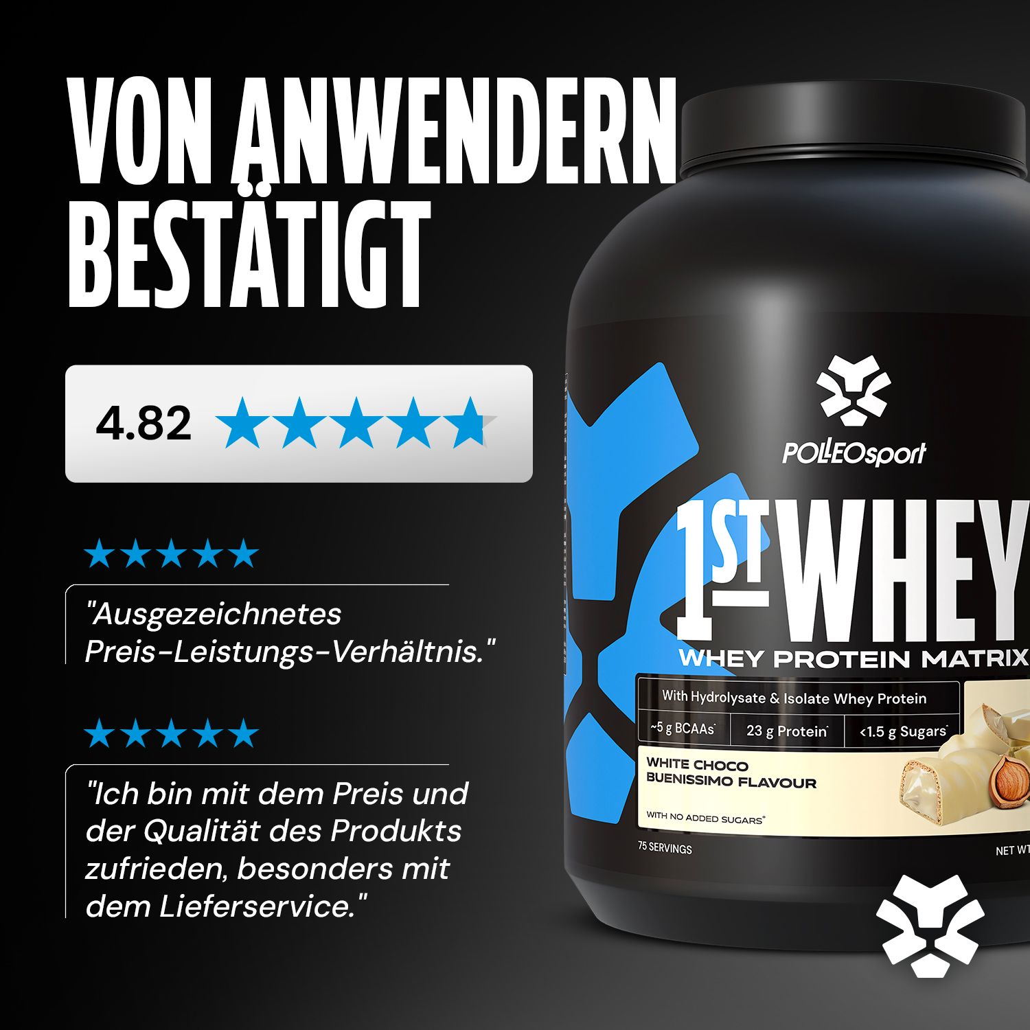 Barattolo nero « 1st Whey » accanto alle recensioni dei clienti. Valutazione a stelle 4.82. Citazioni: rapporto qualità-prezzo, qualità.