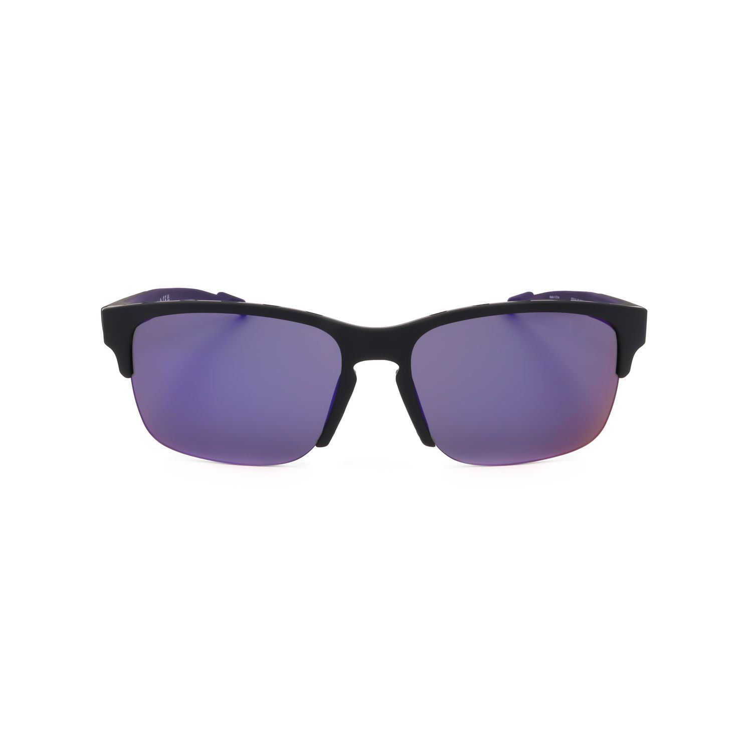 Occhiali da sole neri con montatura a semicerchio e lenti a specchio viola.