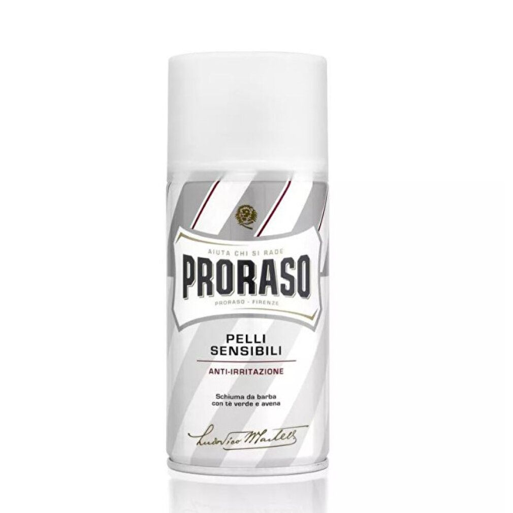 Bomboletta di schiuma da barba bianca. Scritta PRORASO, Firenze. Testo: Pelli Sensibili, Anti-Irritazione. Schiuma per pelli sensibili.