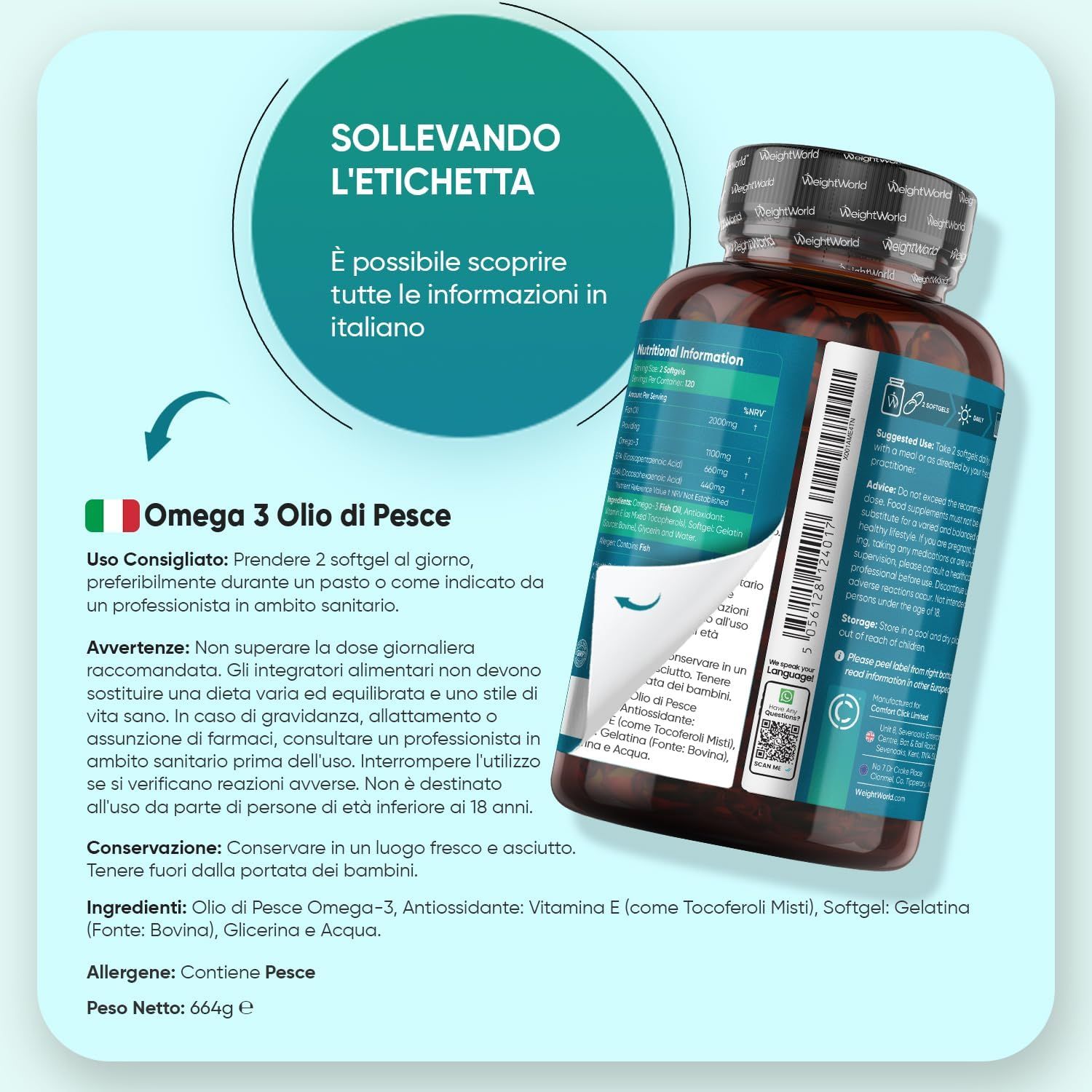 Flacone di olio Omega-3. Testo: Istruzioni per l'uso in italiano. Ingredienti, allergeni.