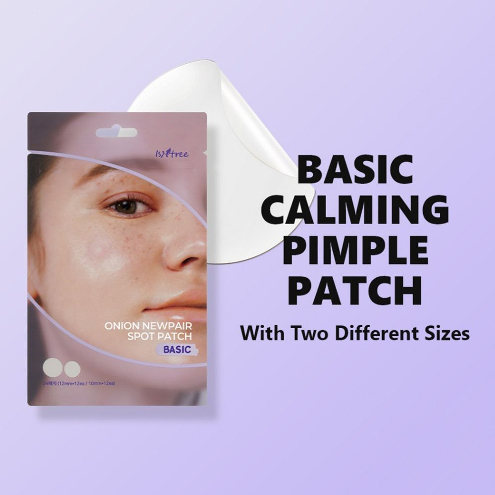 Confezione con immagine di una persona. Testo: BASIC CALMING PIMPLE PATCH. Con due diverse dimensioni. Marchio: ISNTREE.