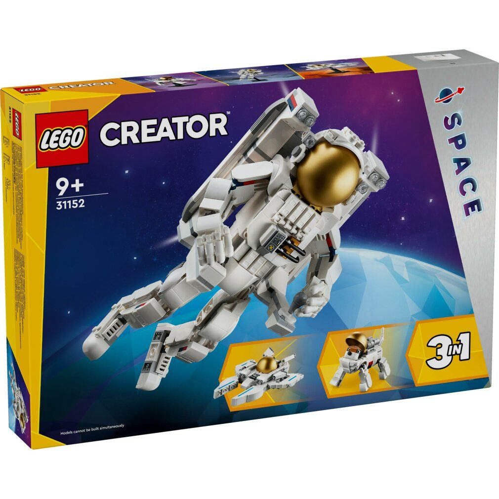 Scatola LEGO Creator 3-in-1. Astronauta, astronave e cane. Immagine dell'astronauta, età consigliata 9+. Logo 3-in-1.