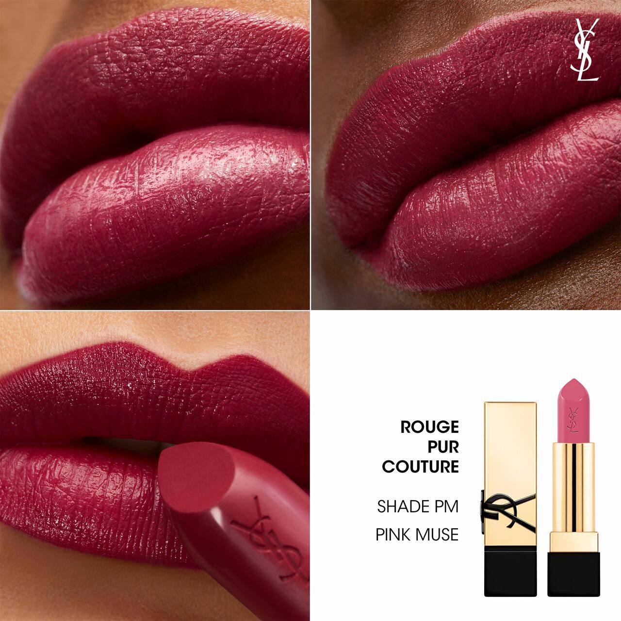 Labbra in diverse viste con rossetto. Testo: Rouge Pur Couture, Shade PM Pink Muse.
