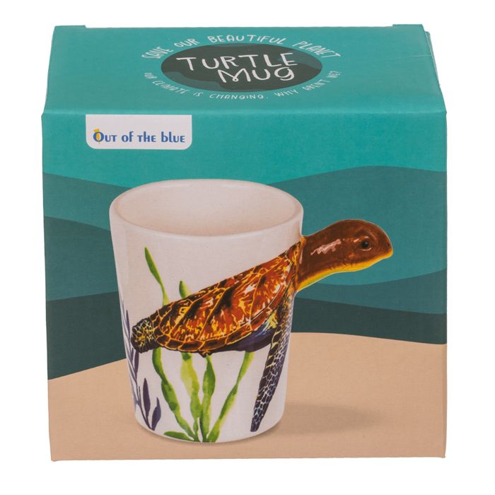 Tazza nella confezione. Tazza bianca con manico a tartaruga, in scatola turchese. OOTB Becher Tartaruga.