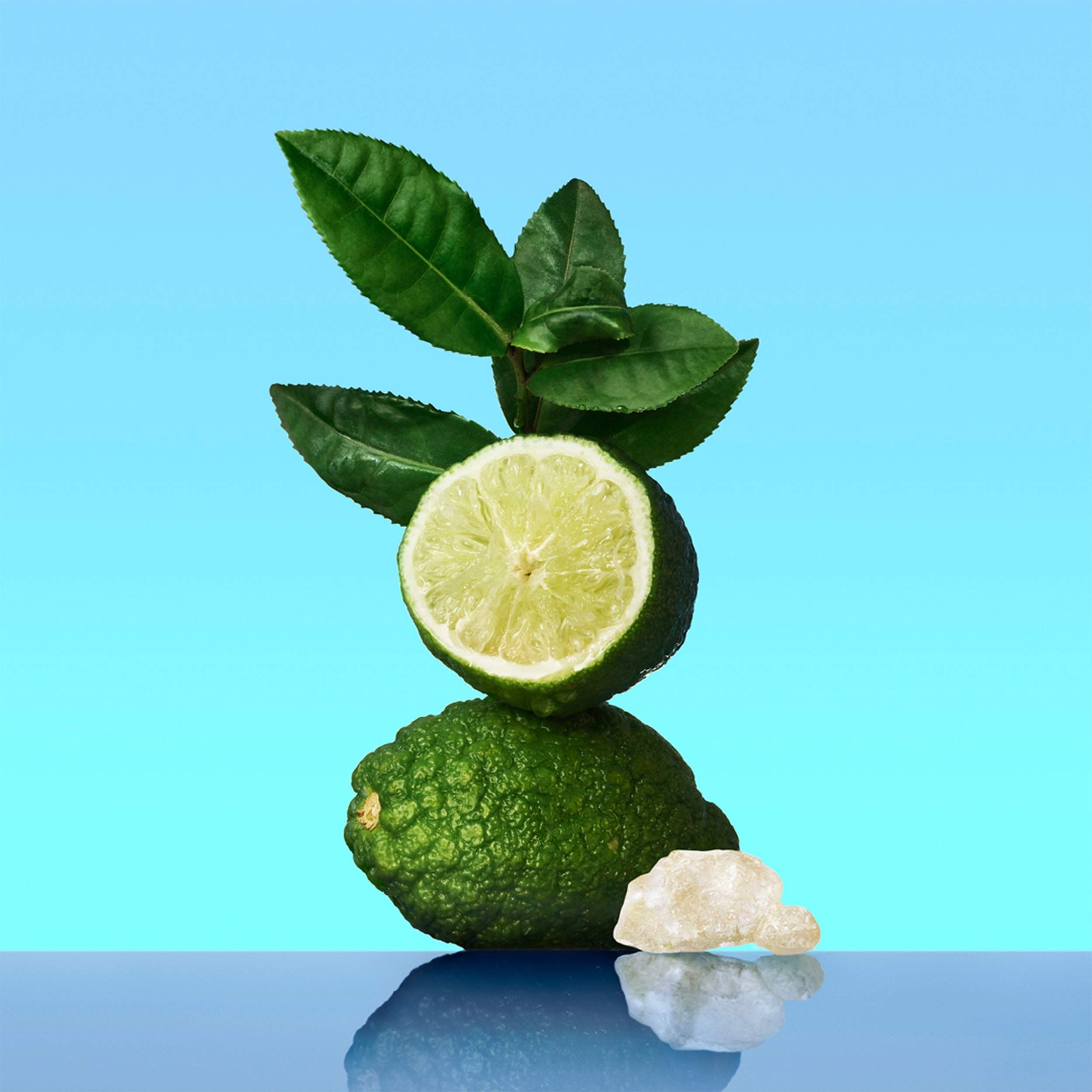 Composizione di lime, foglie e pietra. Sfondo verde. Il lime è tagliato a metà.