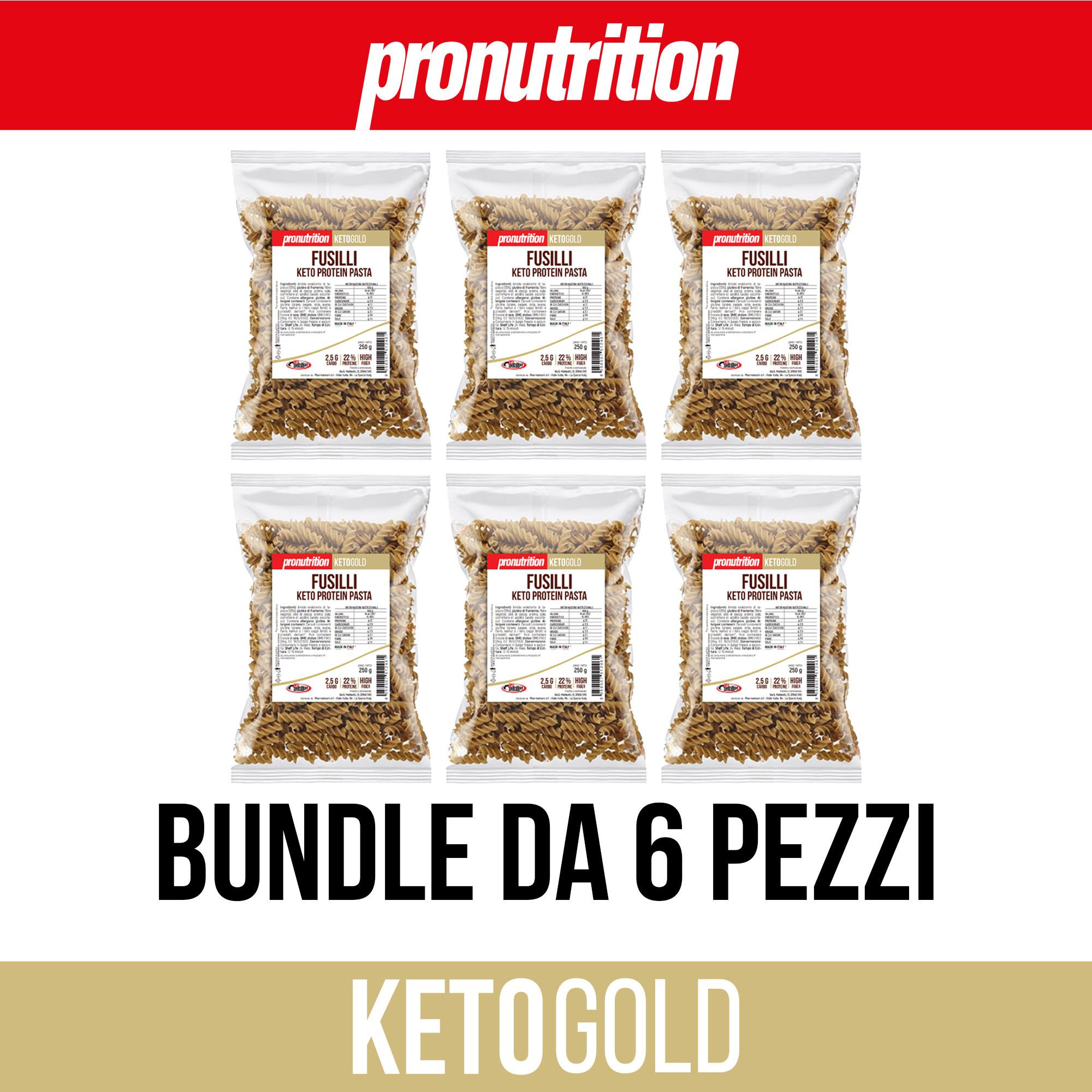Sei confezioni di pasta fusilli. Scritta: Bundle da 6 pezzi. Marchio: Pronutrition. Scritta: Ketogold.