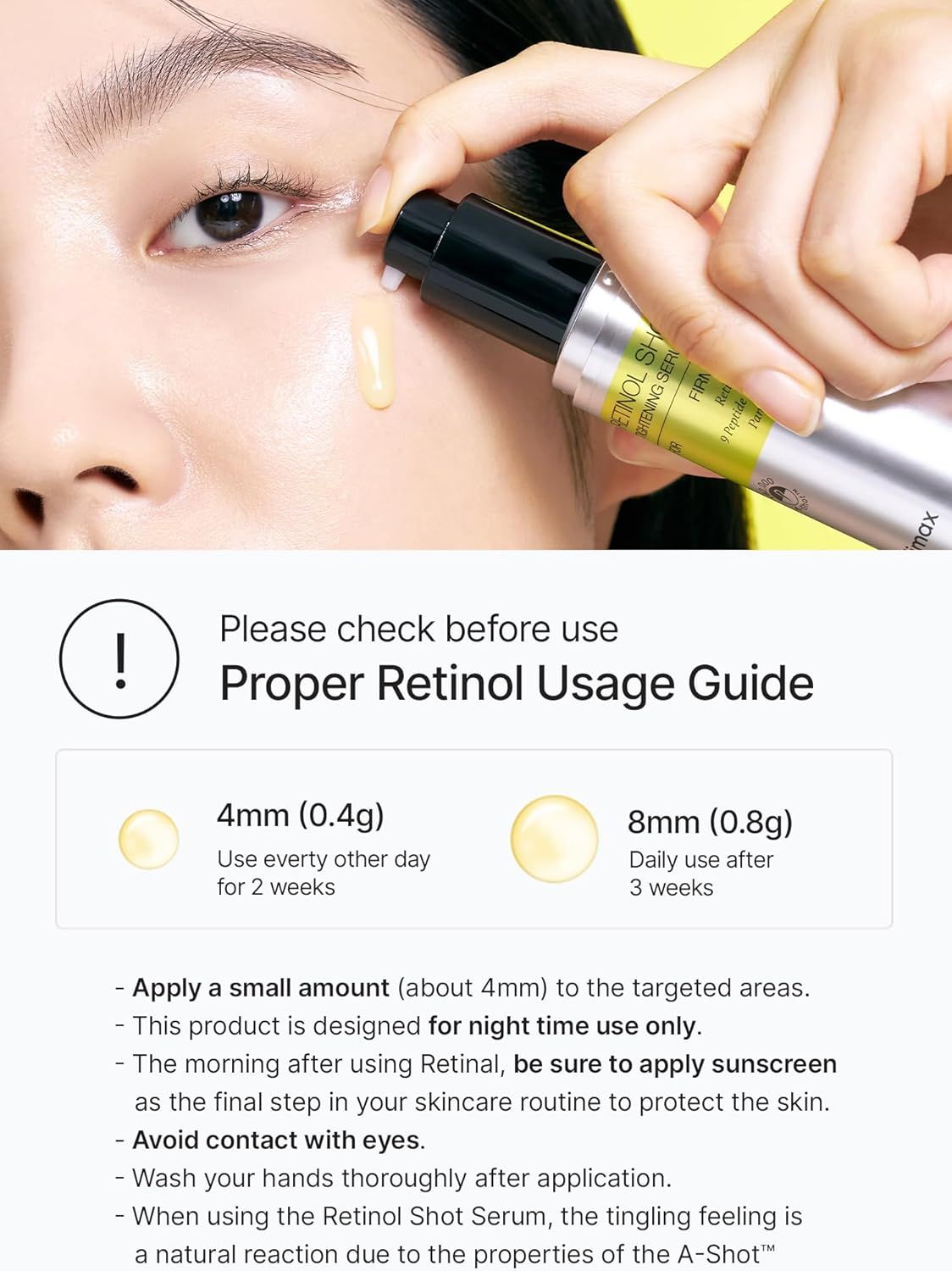 Persona mostra l'applicazione del prodotto. Testo: Proper Retinol Usage Guide. Dosaggio: 4mm (0.4g) e 8mm (0.8g).